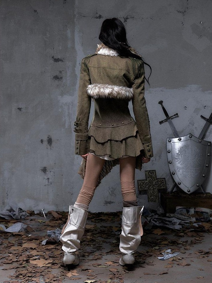 NO ROMANCE Distressed Vintage Slim Fit Cropped Long Sleeve Women Gold Khaki Casual Jackets