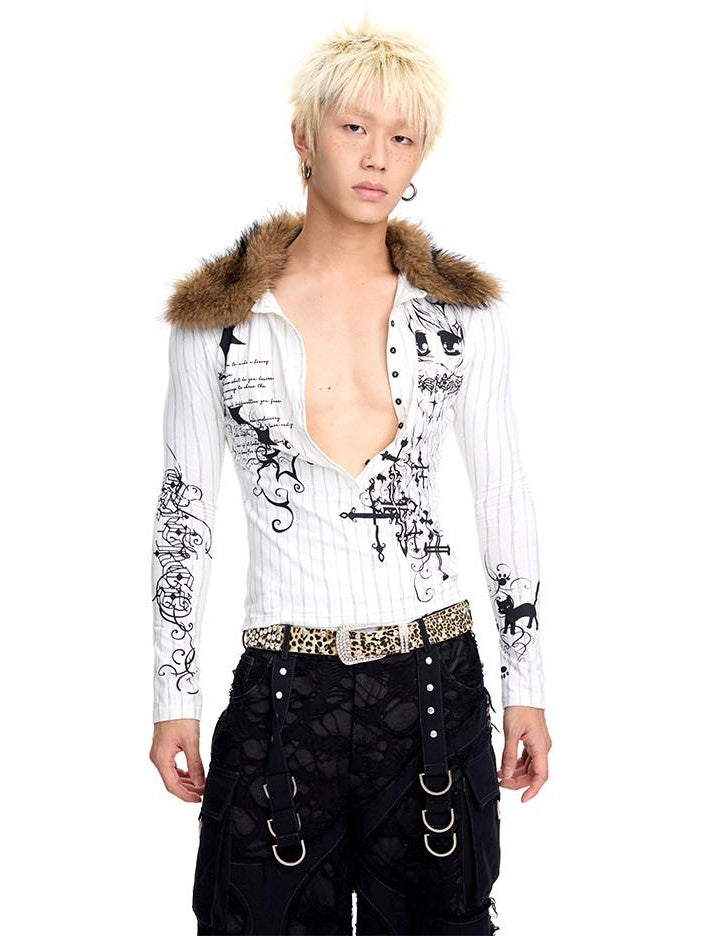 CFIERCE Stretch Cotton Slim Fit Creative Animal Print Casual Long Sleeve Polo Shirt