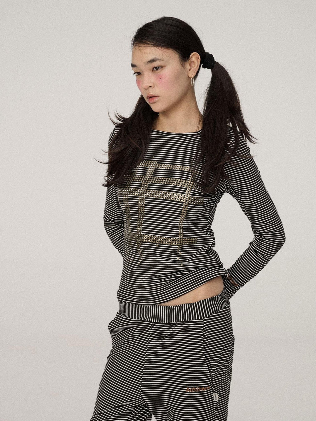 Achihara Black White Striped Slim Cropped Round Neck Women'S Long Sleeve T-Shirts