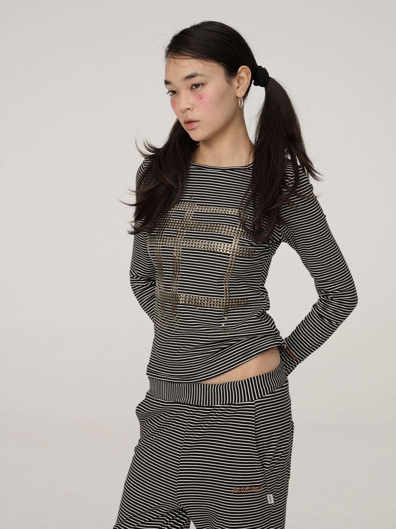 Achihara Black White Striped Slim Cropped Round Neck Women'S Long Sleeve T-Shirts