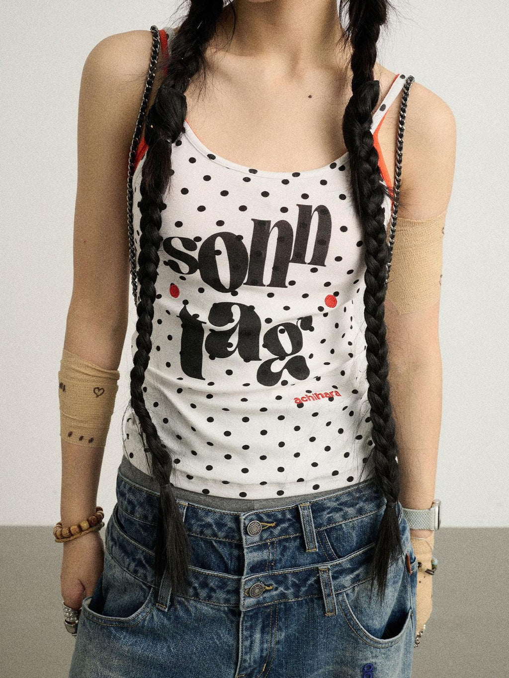 Achihara Polka Dot Letter Print Slim Fit Women'S Viscose Blend Camisoles