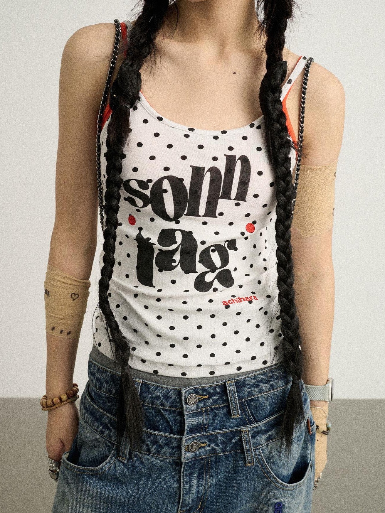 Achihara Polka Dot Letter Print Slim Fit Women'S Viscose Blend Camisoles