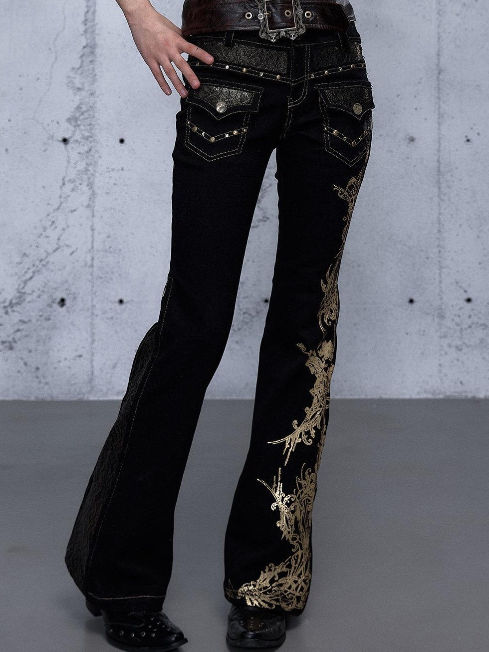 NO ROMANCE Rhinestone Low Rise Slim Fit Modern Patchwork Floral Mid Stretch Flare Jeans