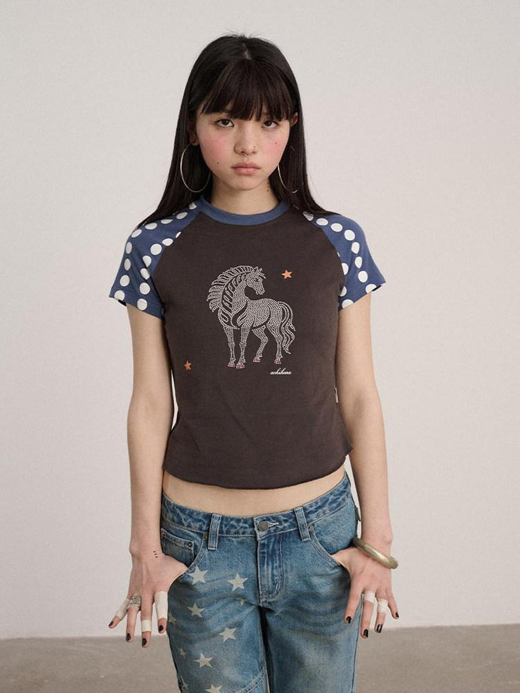 Achihara Polka Dot Contrast Panel Rhinestone Women'S Cotton Blend Short Sleeve T-Shirts
