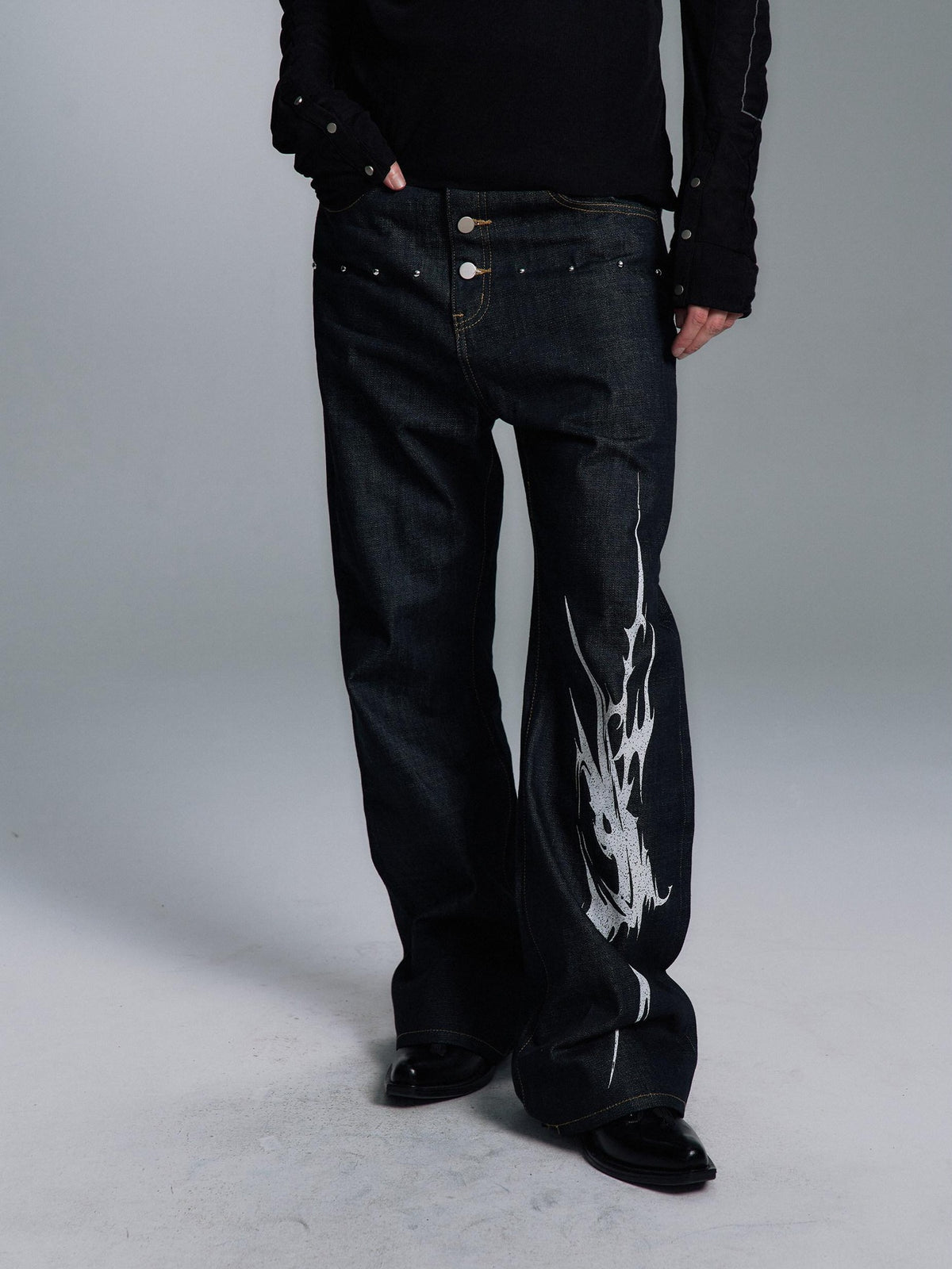 PAIKI Studded Mid Rise Loose Flare Black Denim Casual Men Youth Straight Jeans