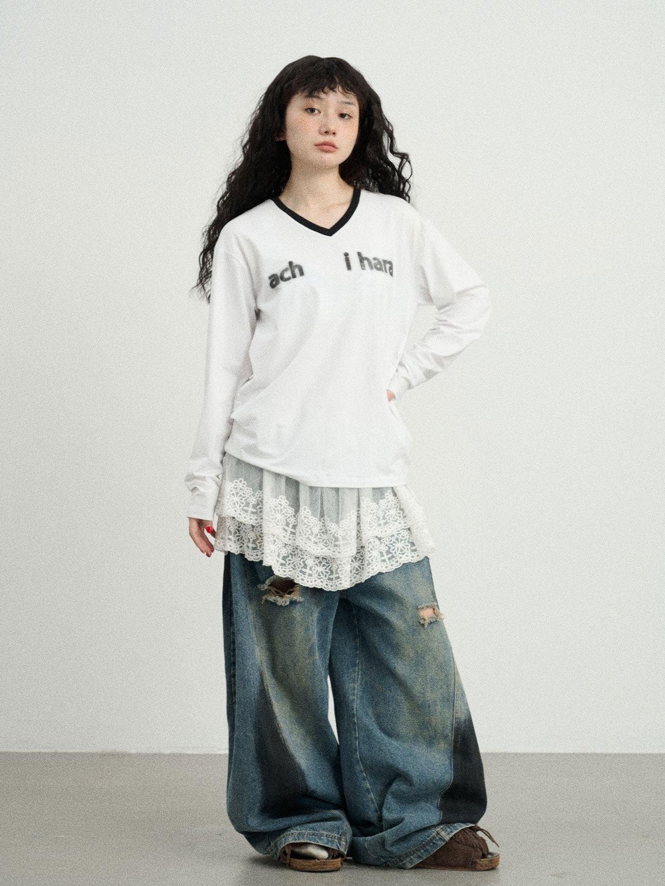 Achihara Ice Block V-neck Loose Letter Print Women'S Lyocell Short Sleeve T-Shirts