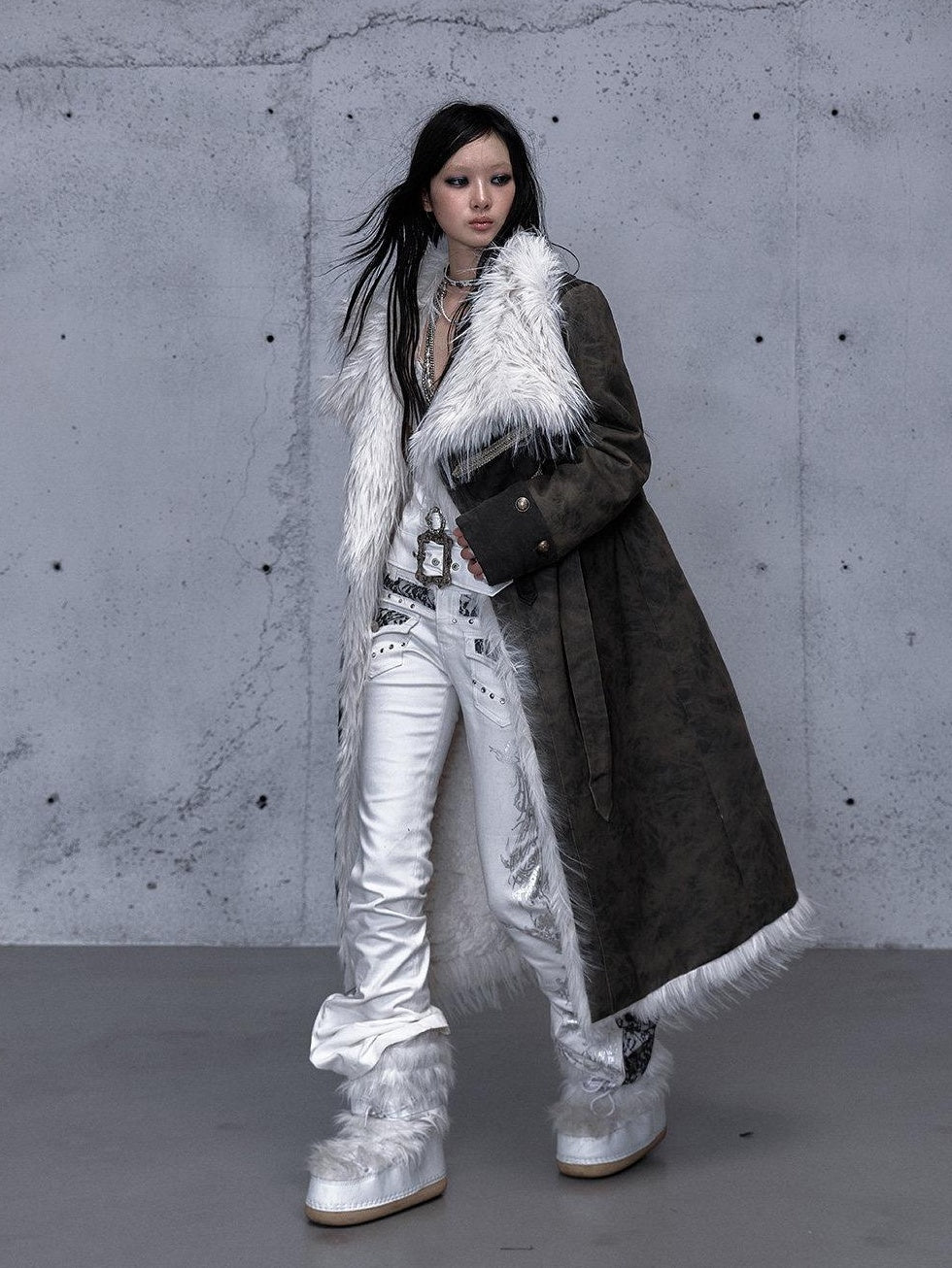 NO ROMANCE Reversible Fur Trim Regal Court Loose Fit Women Black Mint Green Long Coats