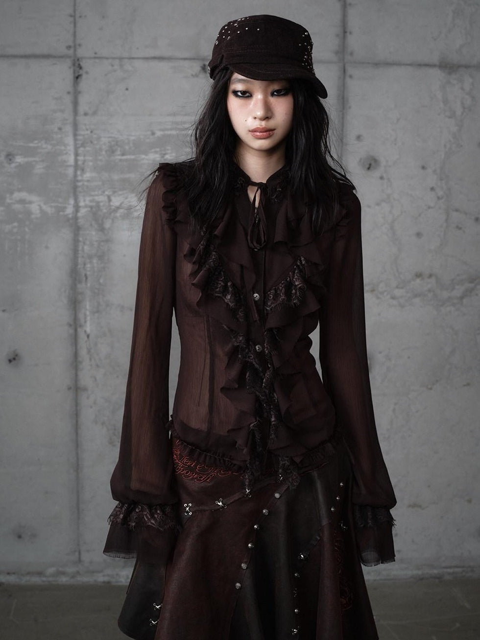 NO ROMANCE Slimming Vintage Slim Fit Ruffle Stand Collar Chiffon Long Sleeve Women Blouses