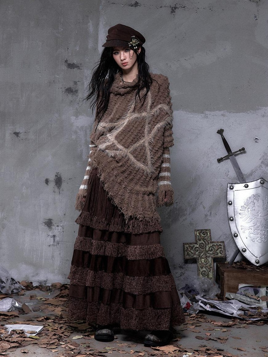 NO ROMANCE High Waist Court Tassel A Line Casual Brown No Stretch Maxi Skirts