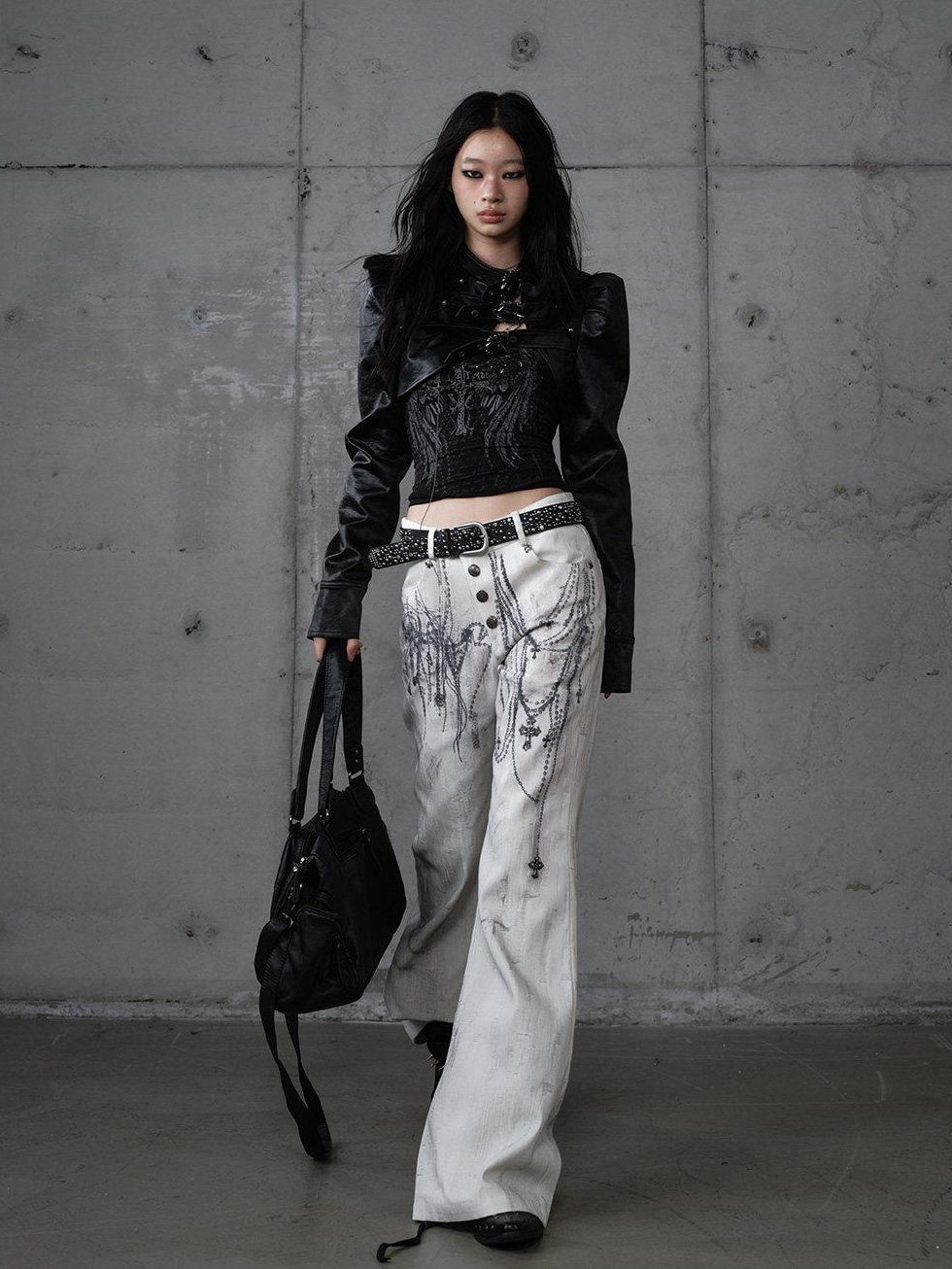 NO ROMANCE Dyed Punk Washed White Loose Fit Natural Waist Cotton Women Wide-Leg Jeans