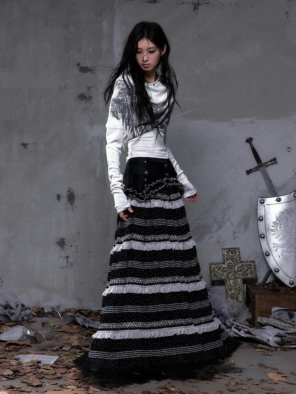 NO ROMANCE High Waist Victorian Lace Patchwork Pu Panel A Line Women Black Maxi Skirts