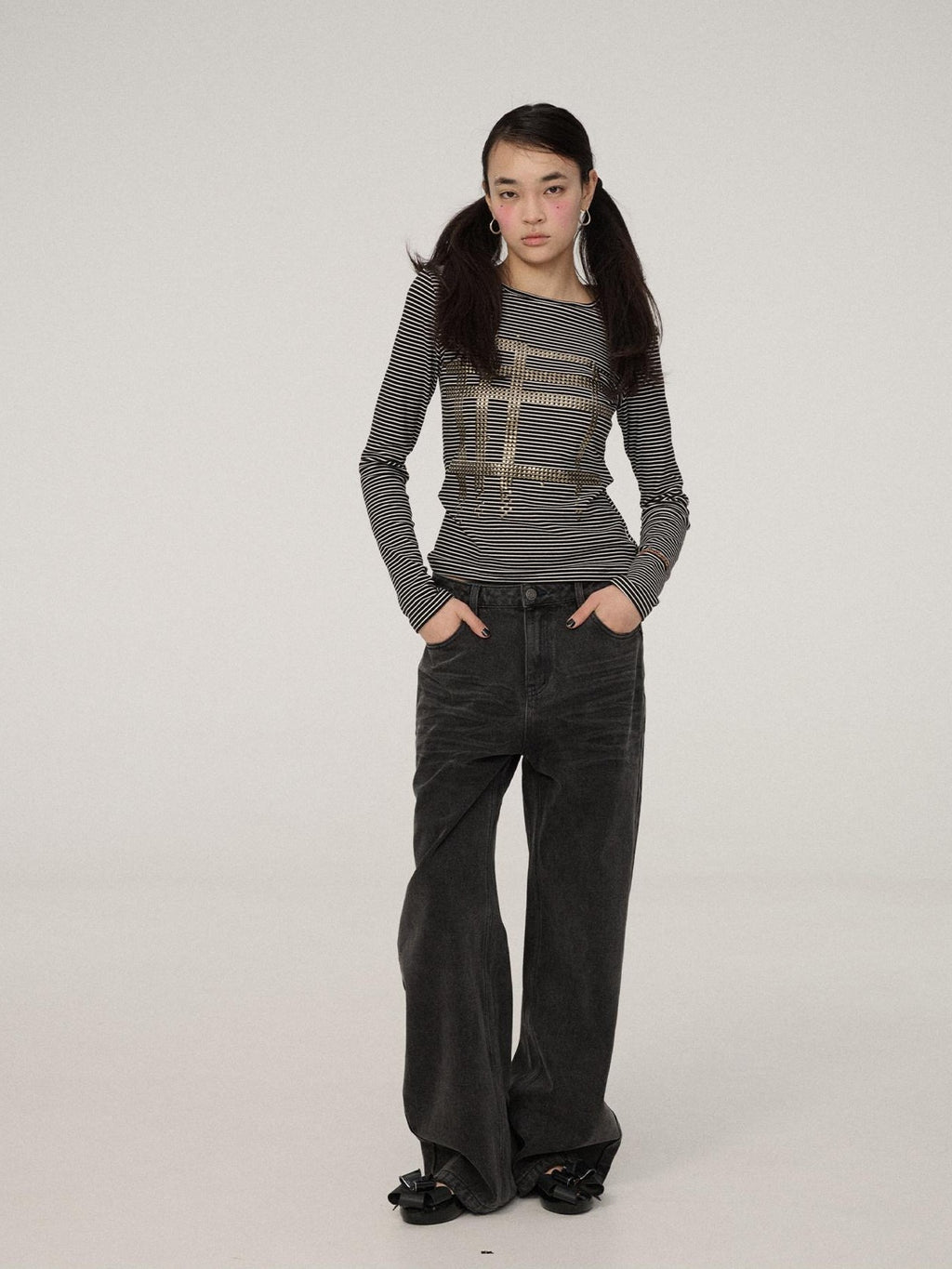 Achihara Black White Striped Slim Cropped Round Neck Women'S Long Sleeve T-Shirts