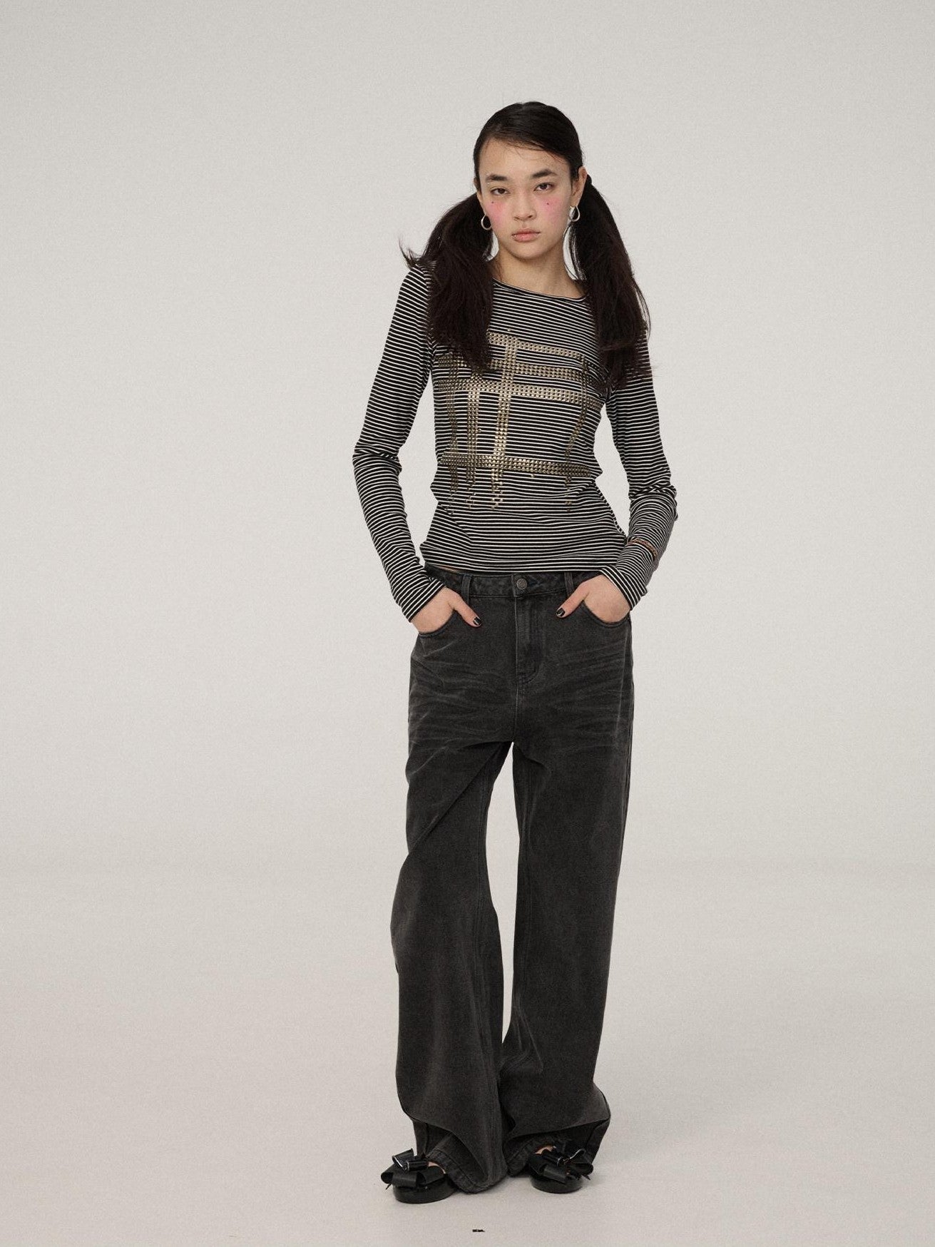Achihara Black White Striped Slim Cropped Round Neck Women'S Long Sleeve T-Shirts