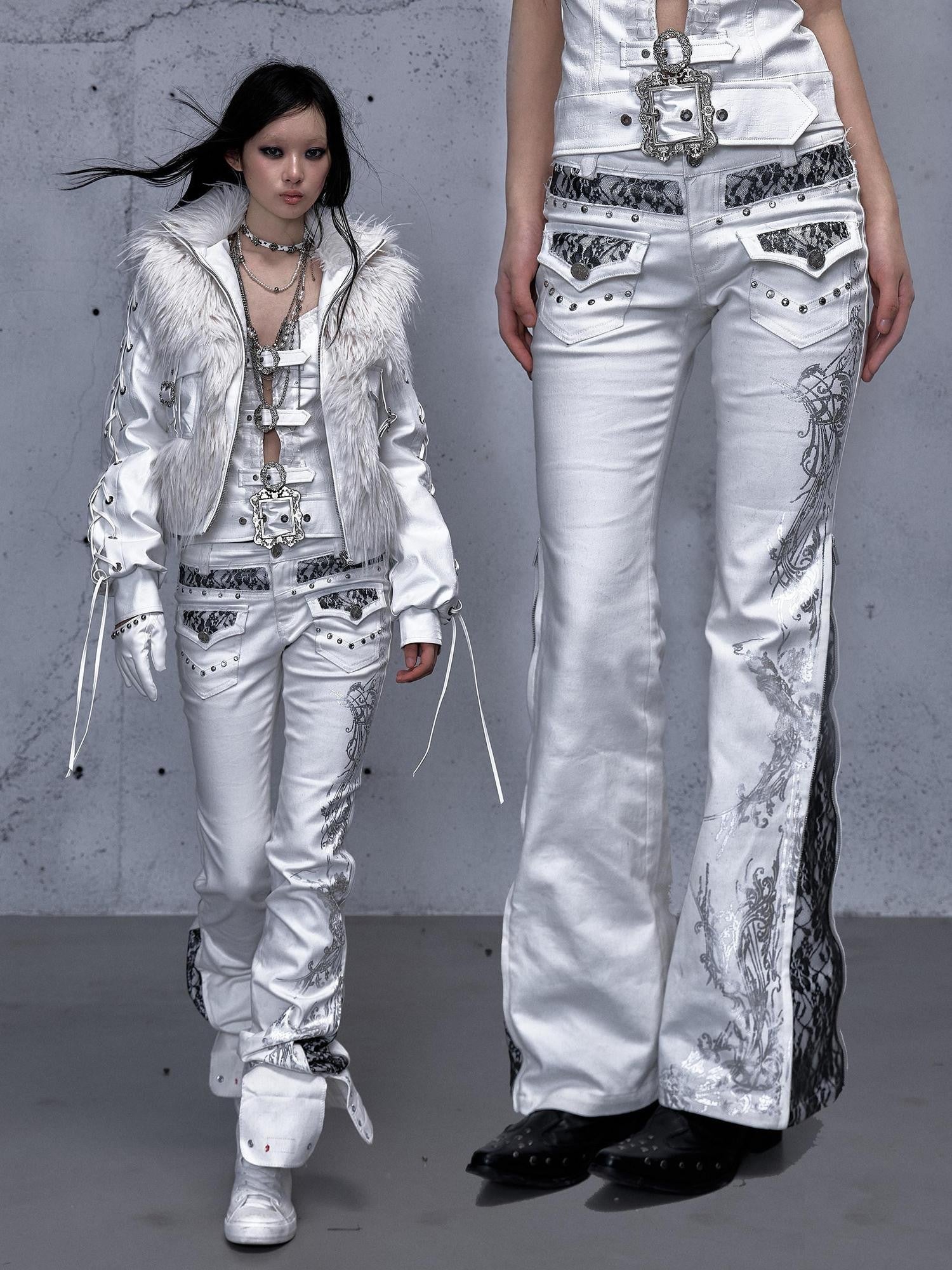 NO ROMANCE Rhinestone Low Rise Slim Fit Modern Patchwork Floral Mid Stretch Flare Jeans