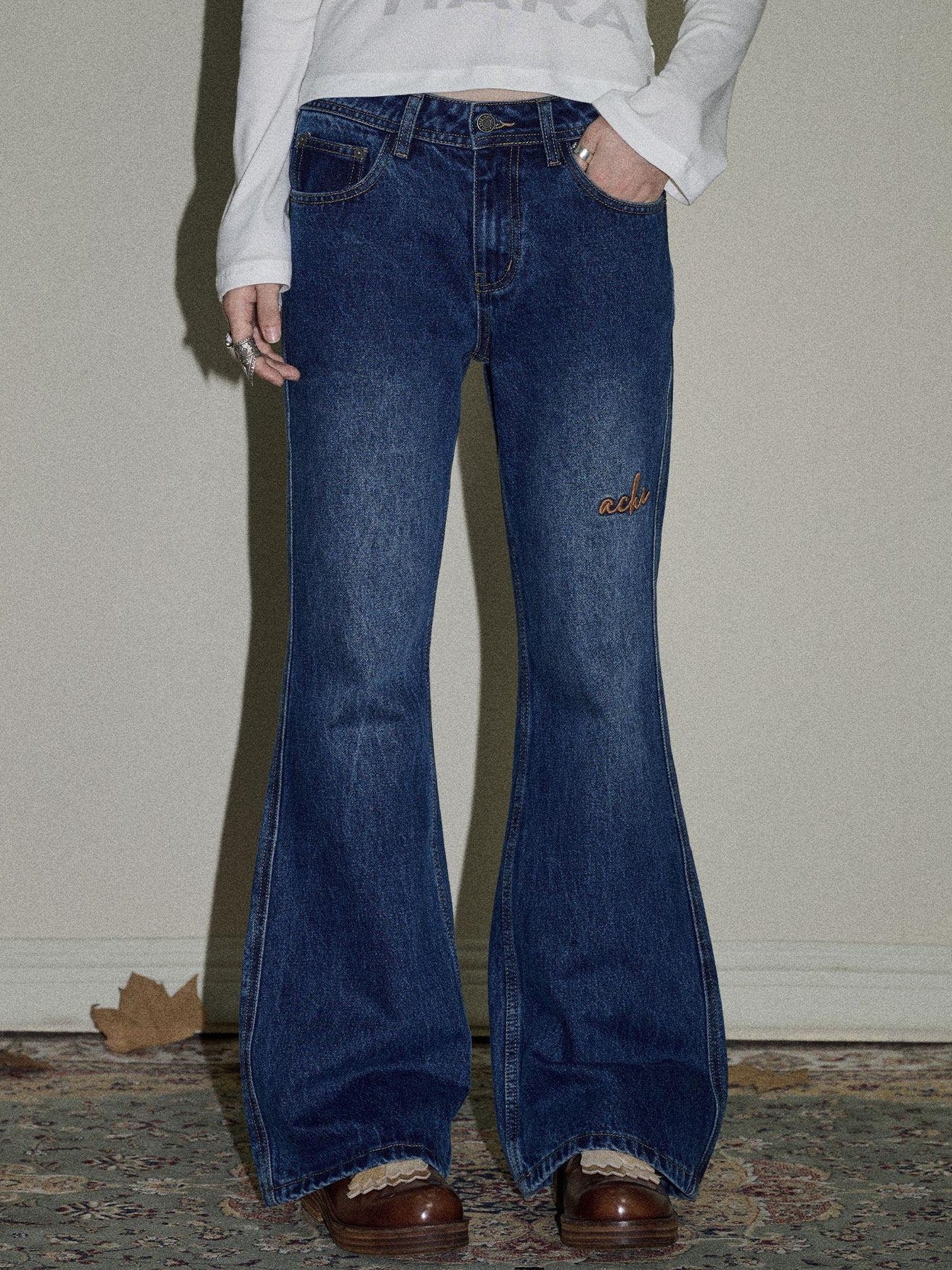 Achihara Slight Embroidered Distressed Wash Slim Women'S Denim Flare Jeans