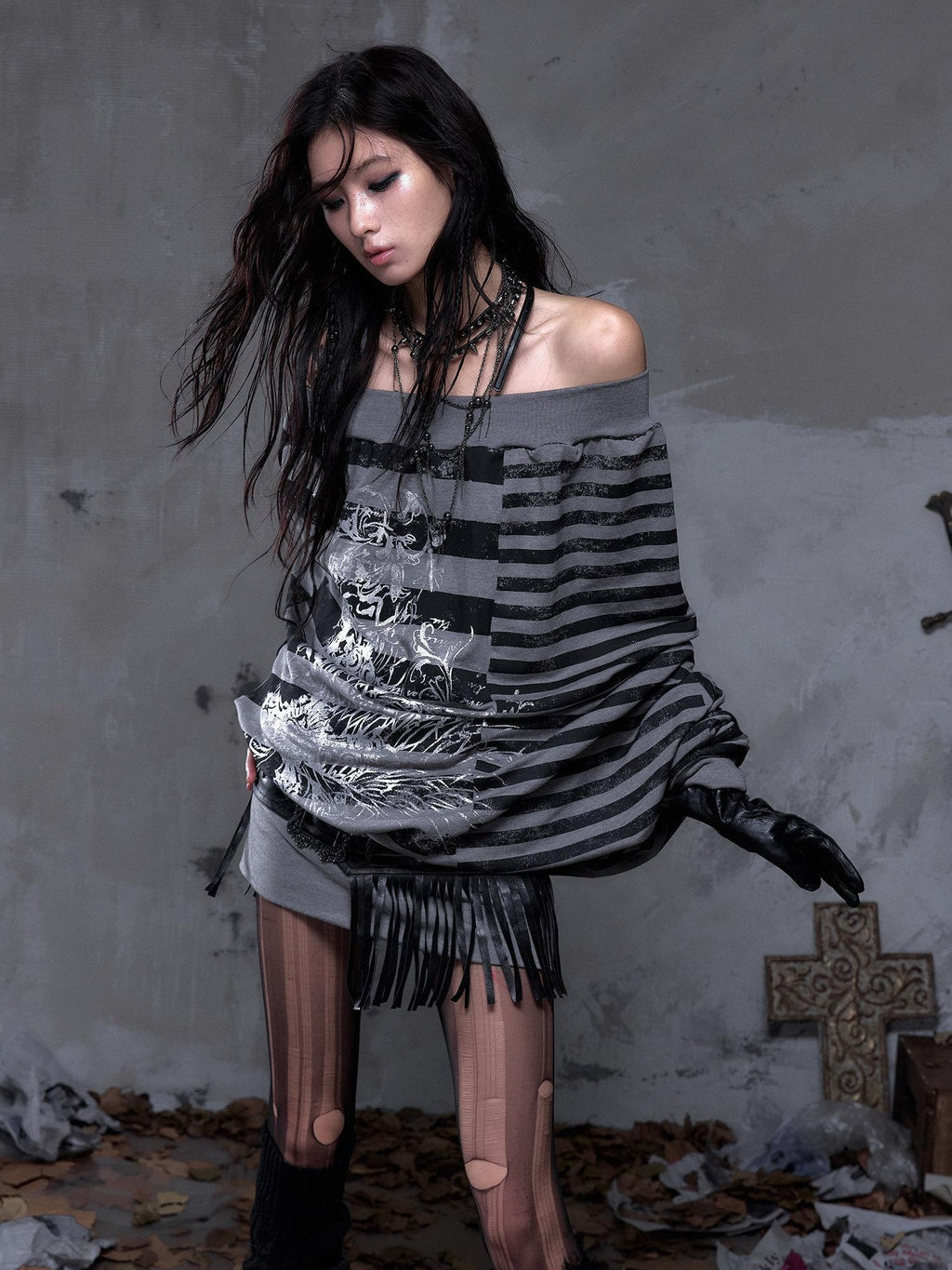 NO ROMANCE Stretch Viscose Printed Relaxed Loose Longsleeve Women Party Casual Mini Dresses