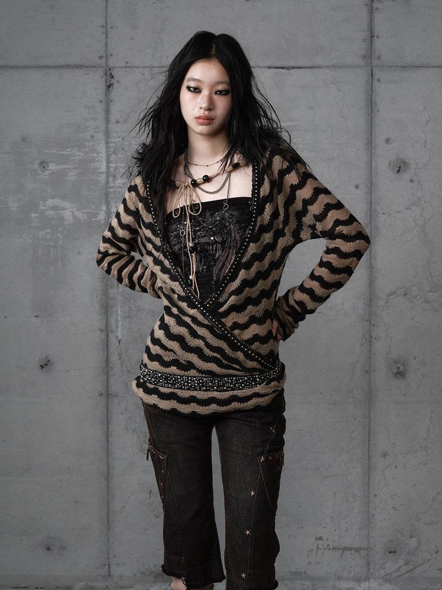NO ROMANCE Edgy Slim Fit Striped Knit Polyester Long Sleeve Women Layering Cardigans