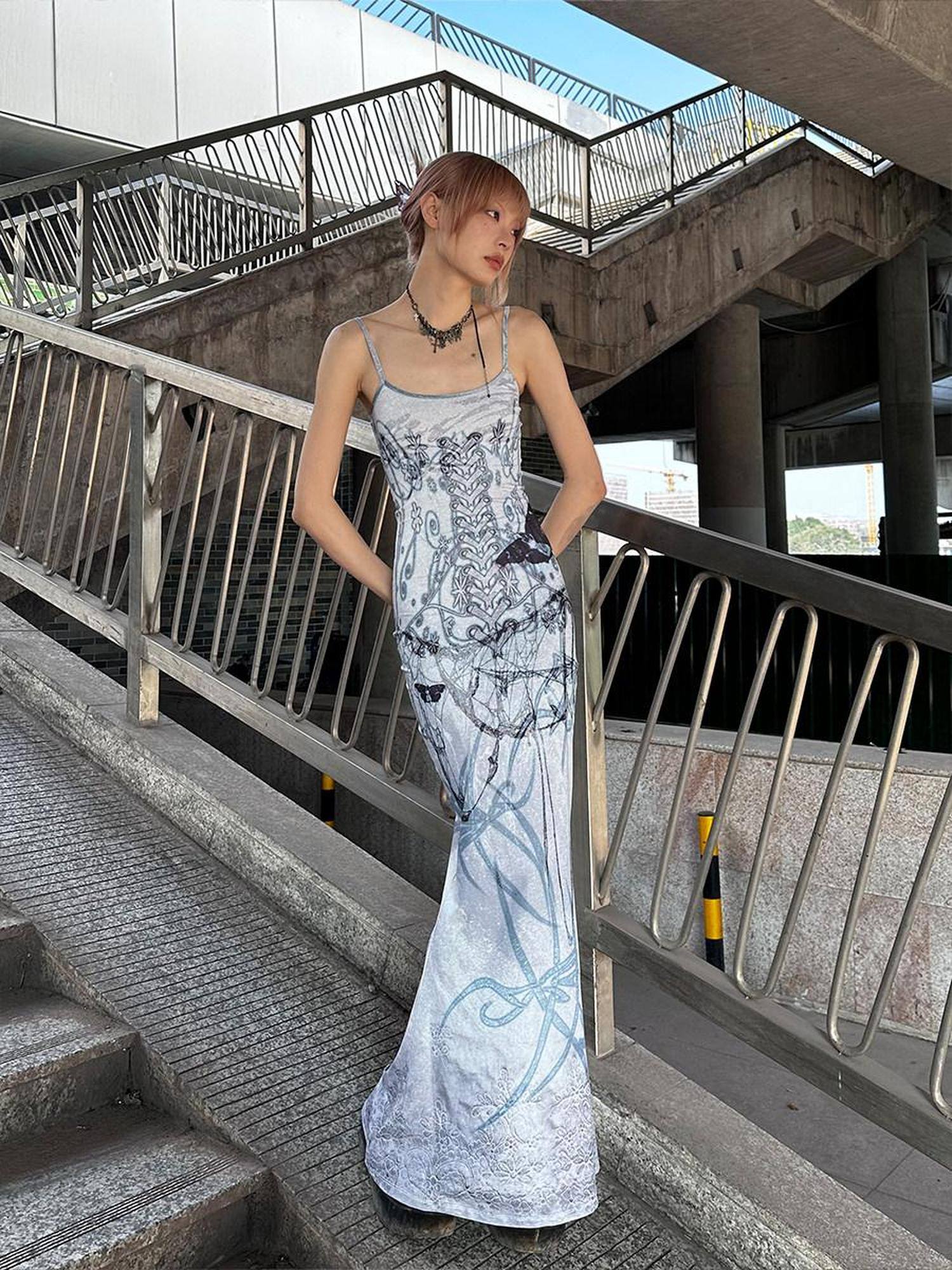 CFIERCE Elegant Bodycon Sleeveless Mermaid Mid Waist Gray Polyester Stretch Dress