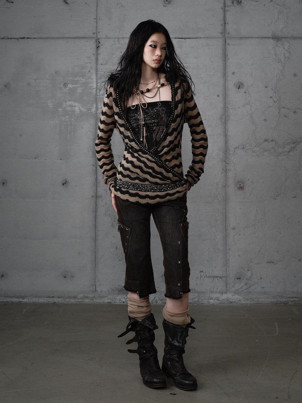 NO ROMANCE Edgy Slim Fit Striped Knit Polyester Long Sleeve Women Layering Cardigans