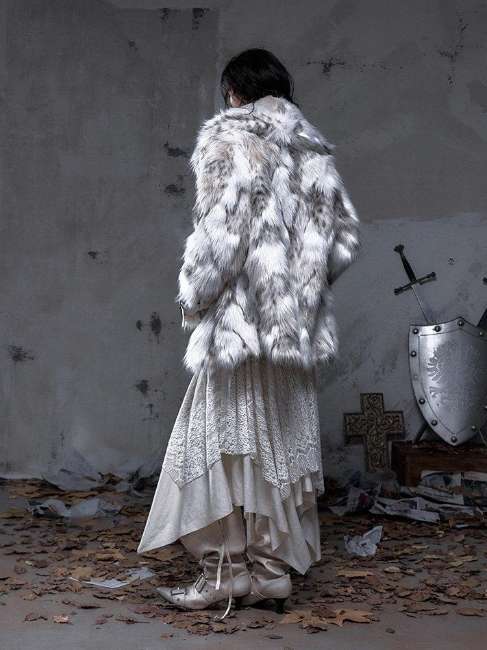 NO ROMANCE Insulated Retro Relaxed Midlength Lapel Fur Trim Women Ivory Puffer Jackets