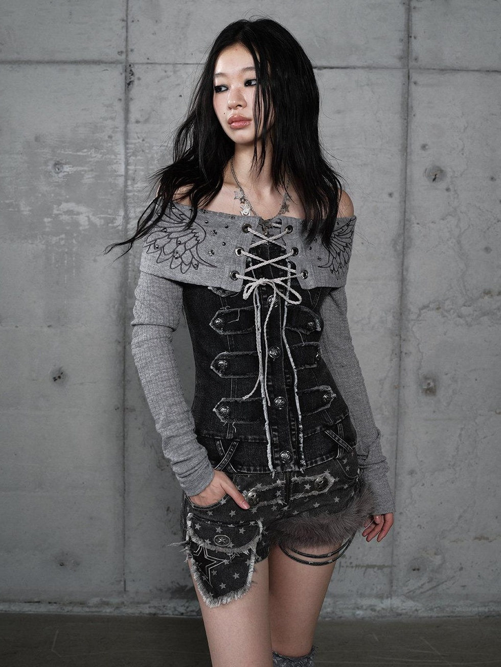 NO ROMANCE Vintage Patchwork Rhinestone Knit Women Washed Gray Long Sleeve T-Shirts