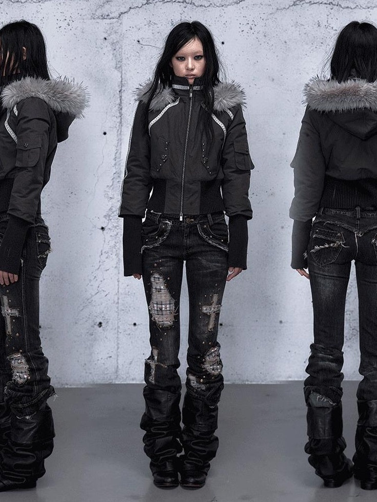 NO ROMANCE Edgy Punk Slim Fit Hooded Cropped Short Sleeve Zipper Women Puffer Jackets