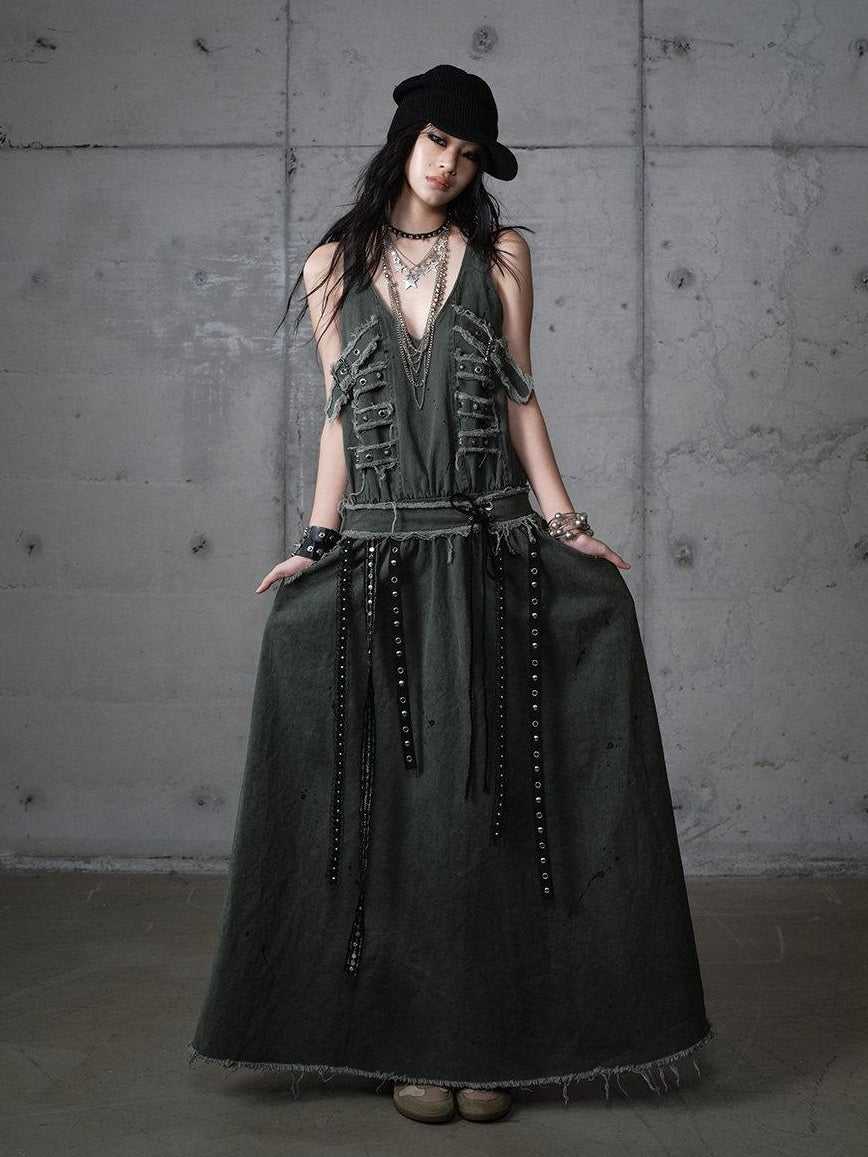 NO ROMANCE Washed Grunge Green Pocketed Punk A Line Loose V-neck Women Casual Midi Dresses