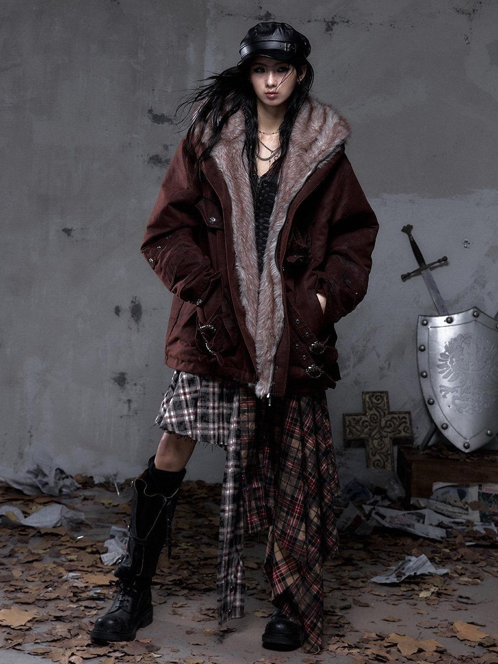NO ROMANCE Thick Insulated Hooded Punk Oversized Midlength Zip Khaki Green Puffer Jackets