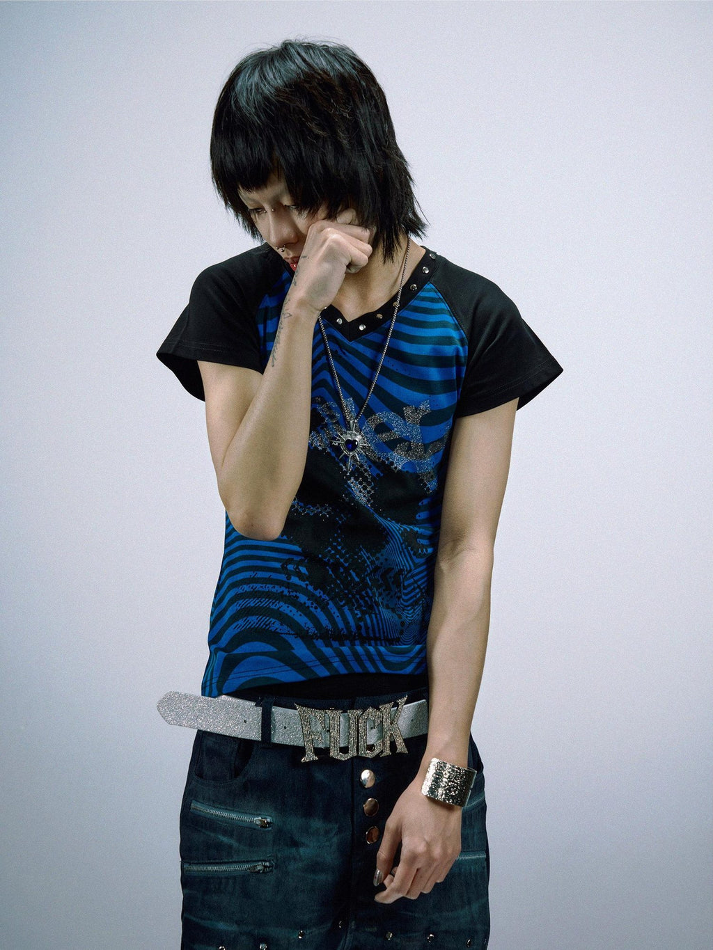 PAIKI Sorona Slim Fit Skull Print Rock Crewneck Unisex Blue Short Sleeve T-Shirts