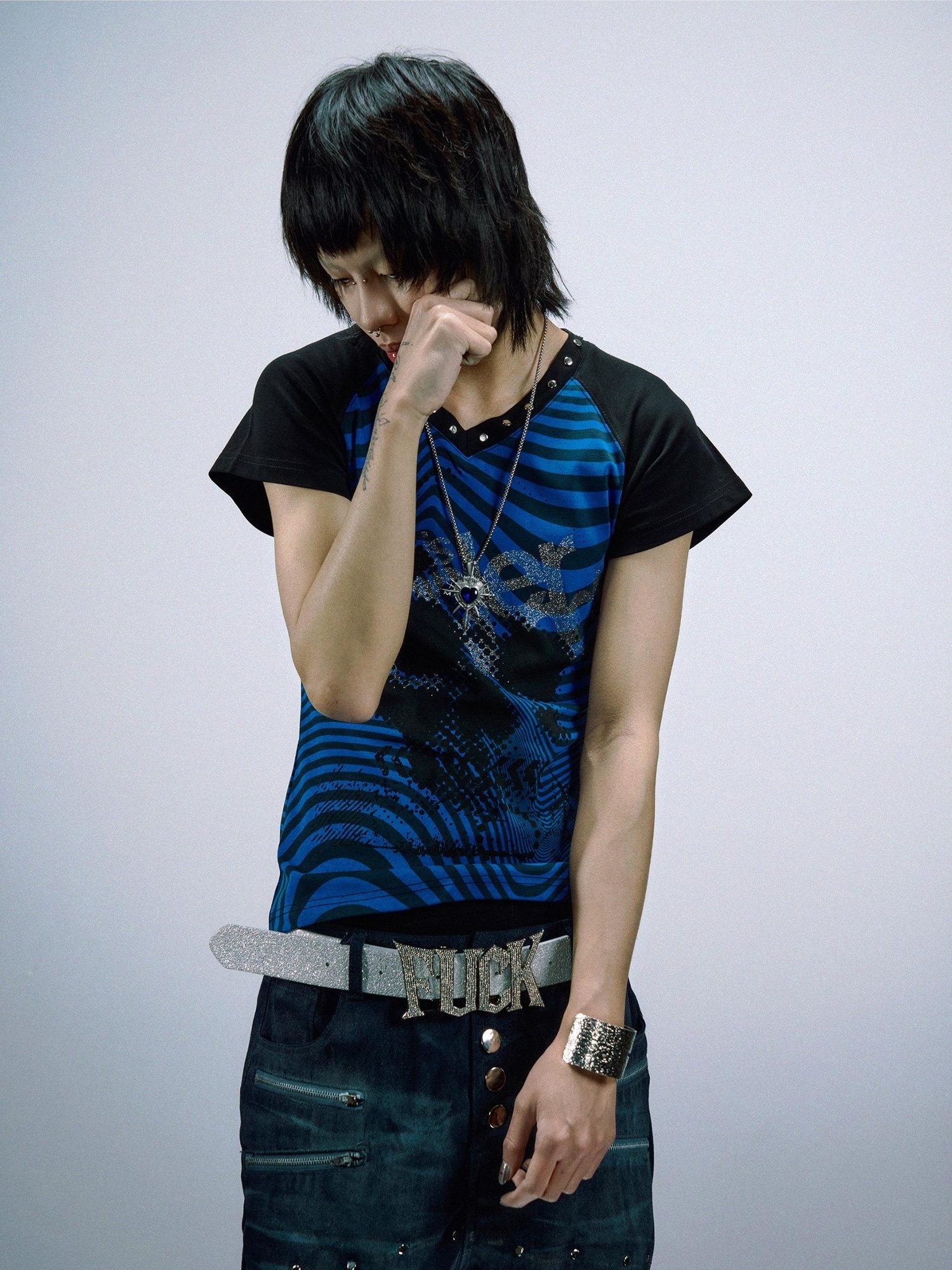 PAIKI Sorona Slim Fit Skull Print Rock Crewneck Unisex Blue Short Sleeve T-Shirts