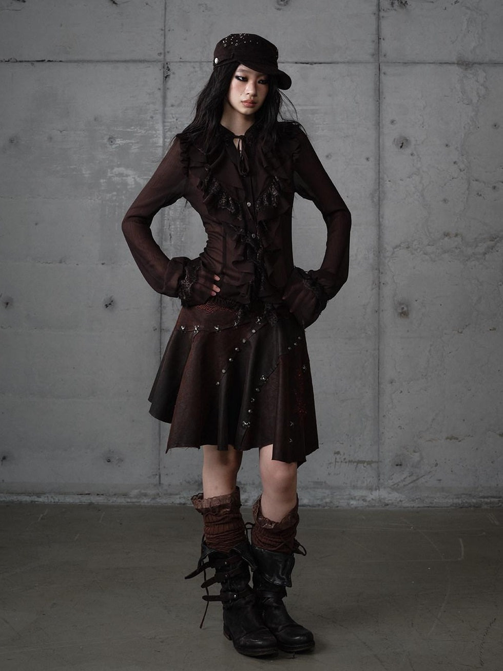 NO ROMANCE Embroidered Regal Asymmetric Mid Rise Loose Casual Girls Dark Brown Mini Skirts