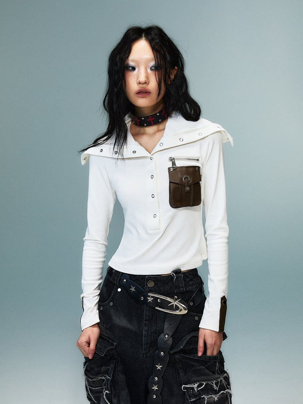 Frustration_Garden_3D_Embellished_Double_Zipper_Slim_Punk_Women_Colorblock_Long_Sleeve_T-Shirts_MISSTT