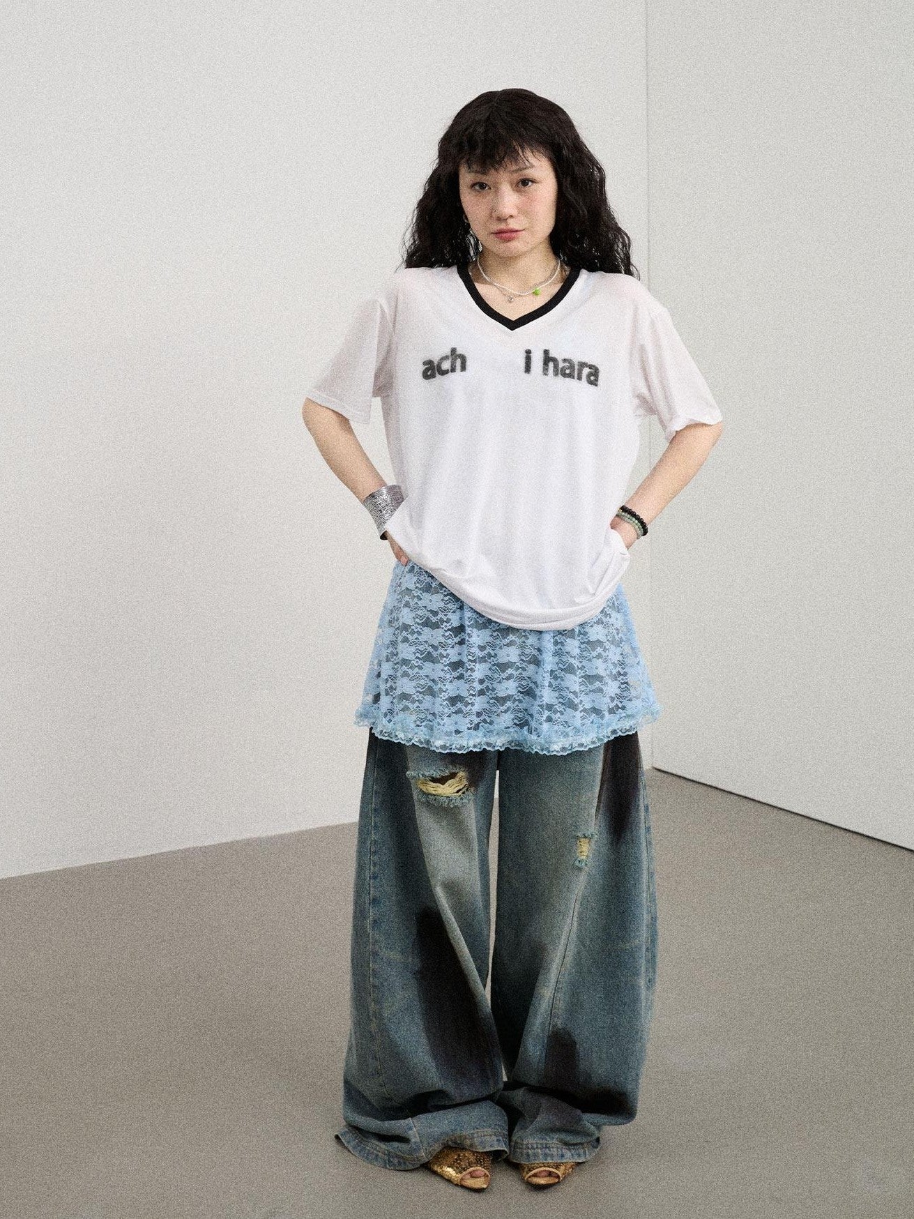 Achihara Ice Block V-neck Loose Letter Print Women'S Lyocell Short Sleeve T-Shirts