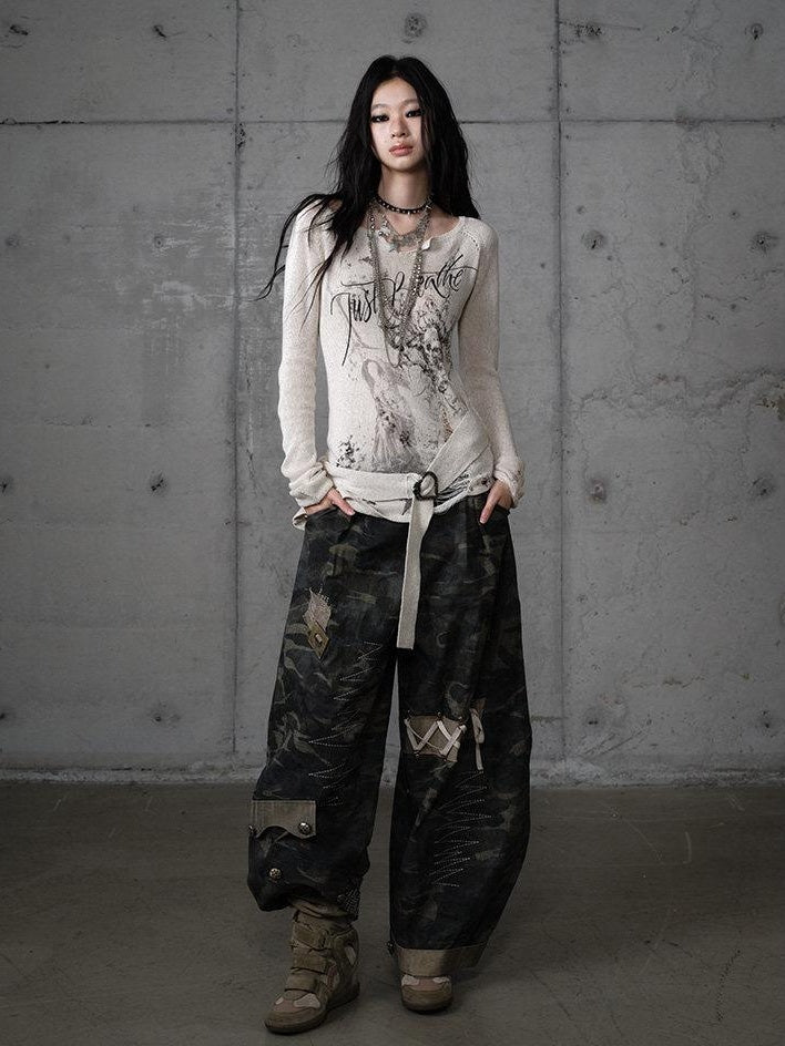 NO ROMANCE Embroidered Cotton Camo Casual Mid Rise Curved Cut Teen Girls Wide-Leg Pants