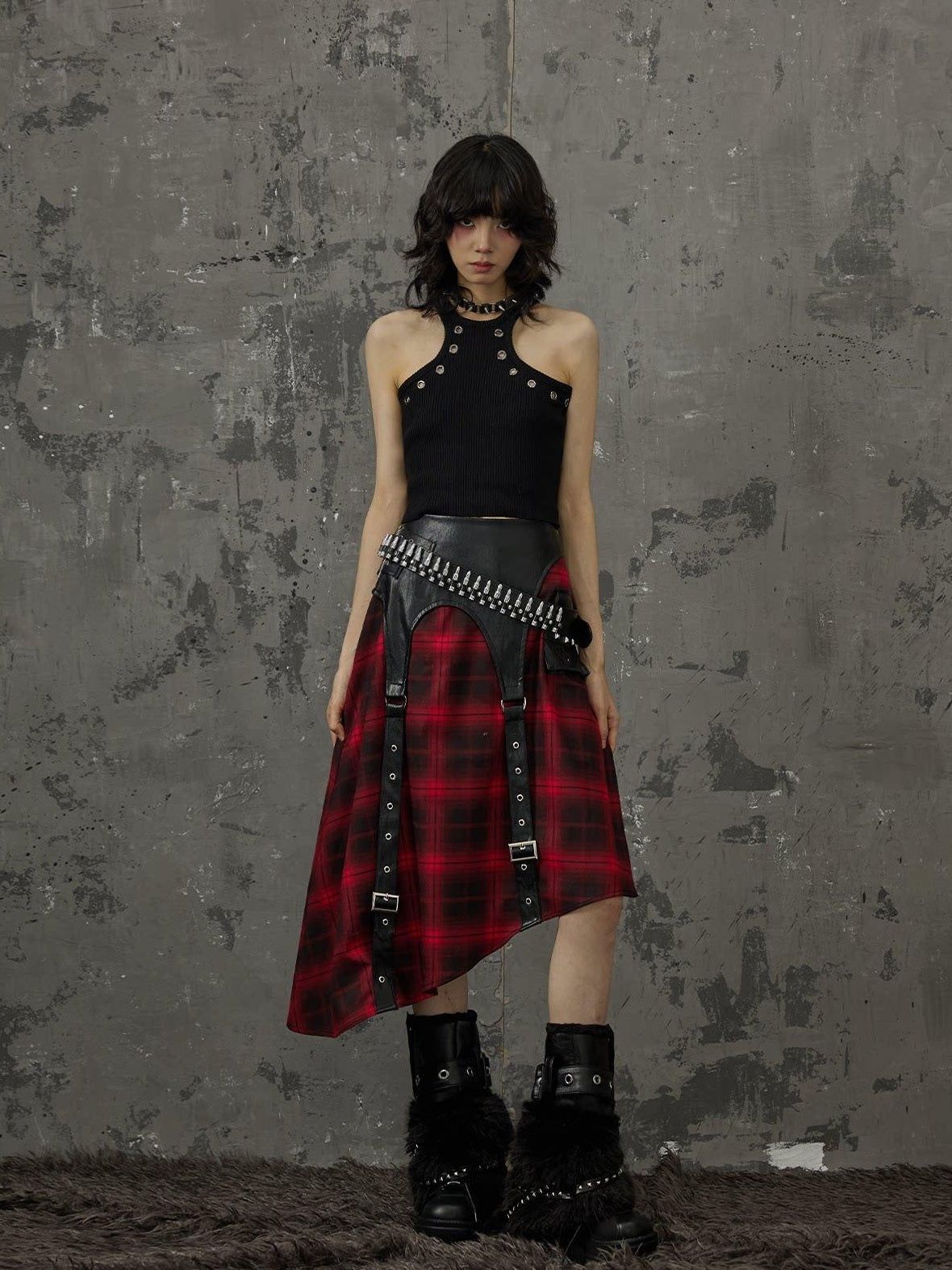 Frustration Garden Edgy Patchwork Asymmetrical A Line Mid Waist Loose Women Black Red Midi Skirts