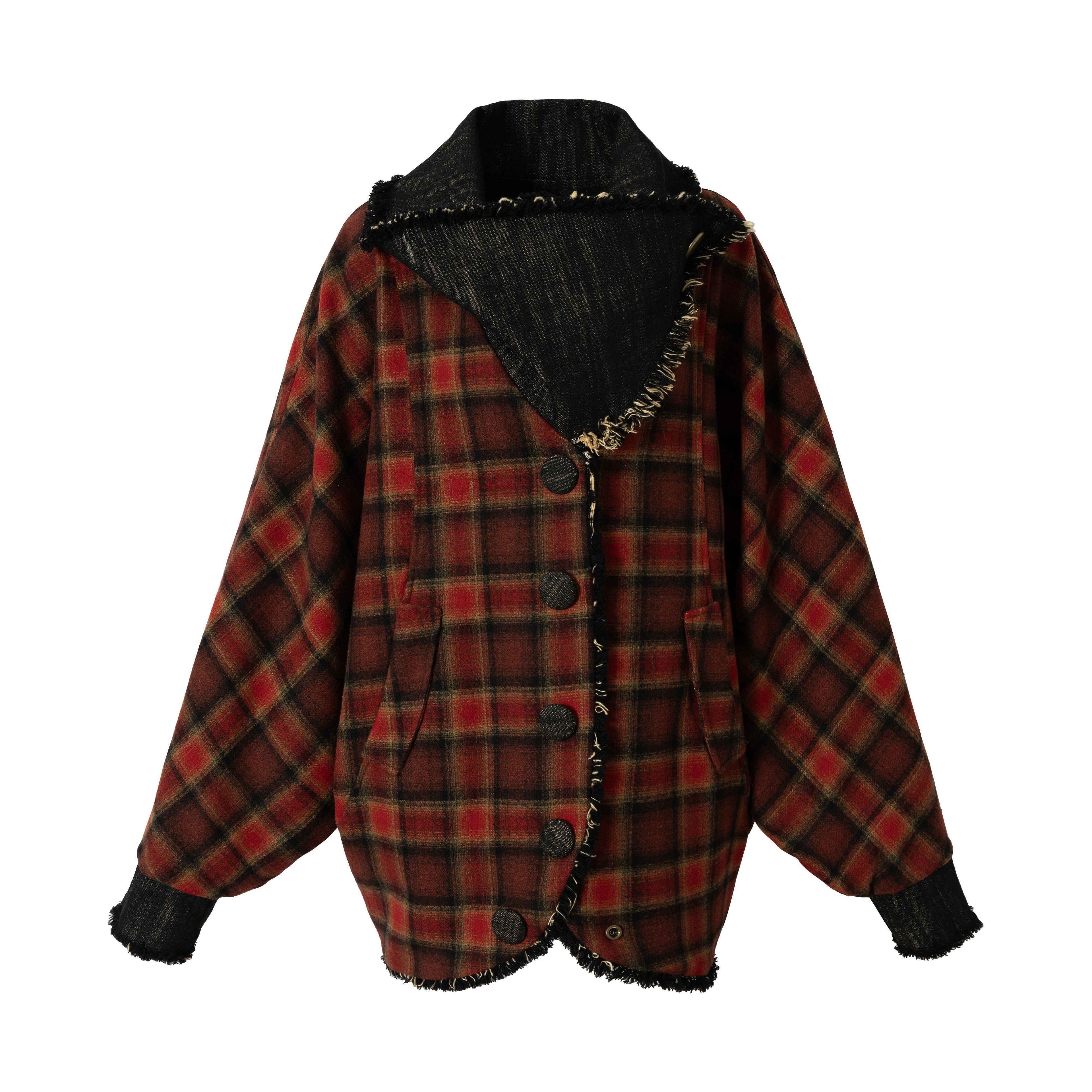 NO_ROMANCE_Thick_Reversible_Retro_Batwing_Sleeves_Women_Plaid_Denim_Red_Casual_Jackets_MISSTT