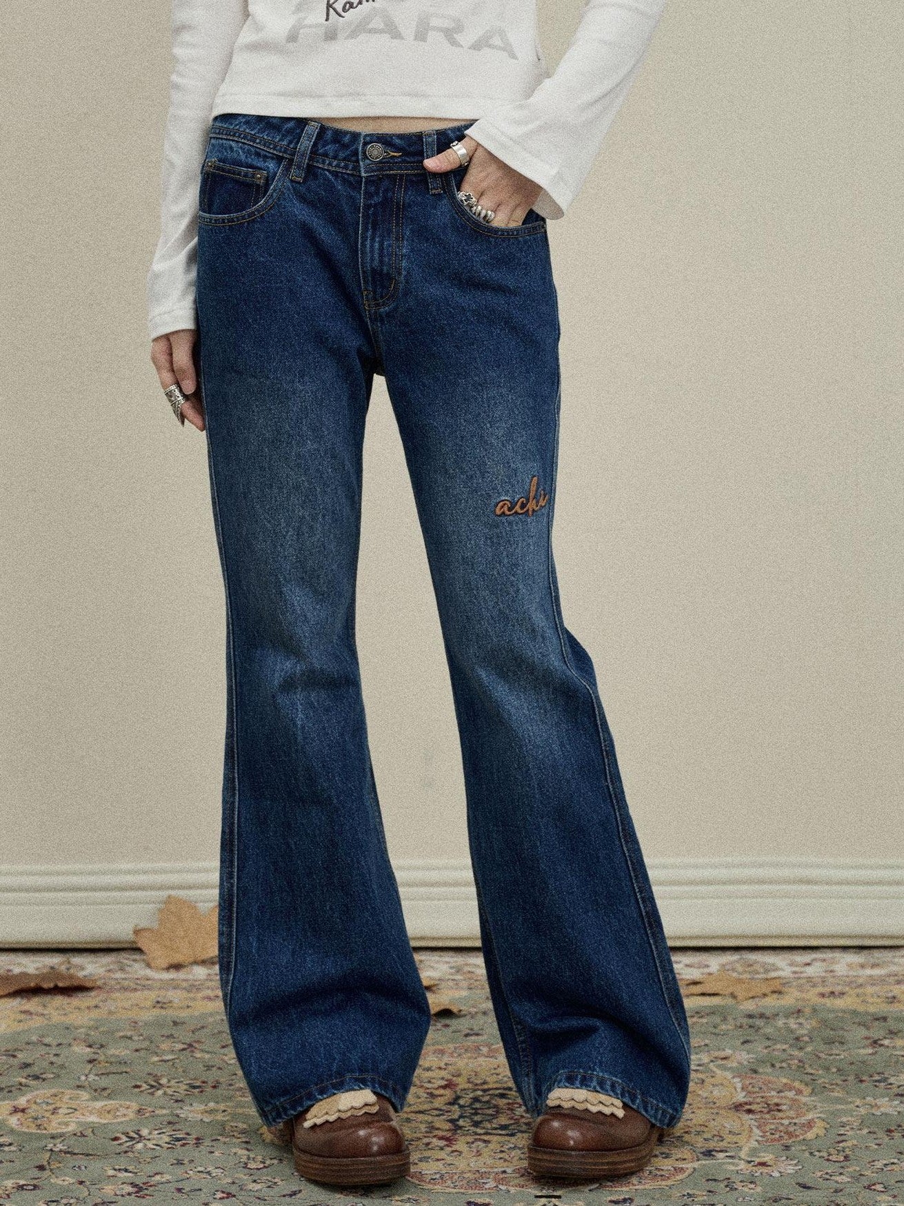 Achihara Slight Embroidered Distressed Wash Slim Women'S Denim Flare Jeans