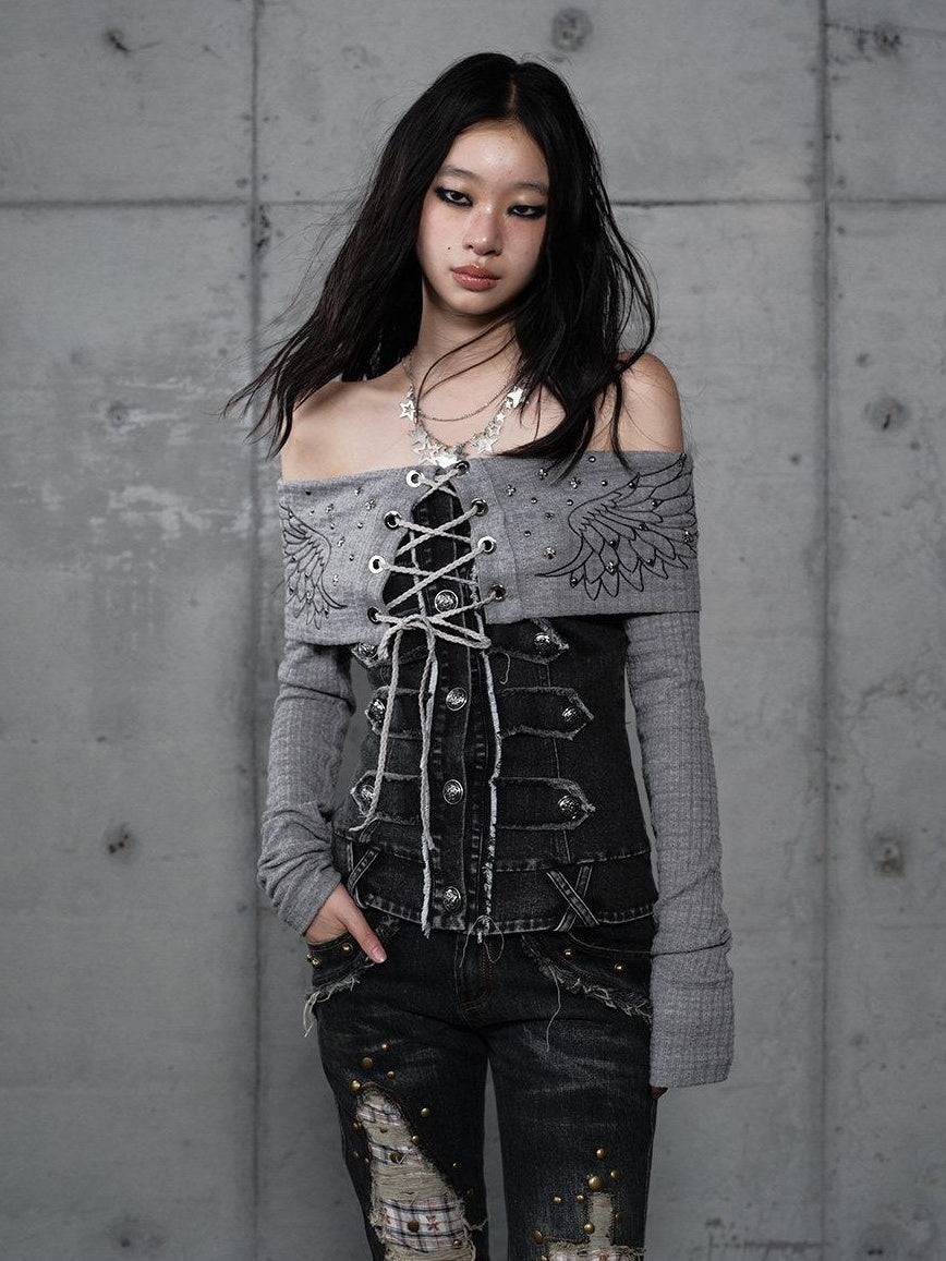 NO ROMANCE Vintage Patchwork Rhinestone Knit Women Washed Gray Long Sleeve T-Shirts