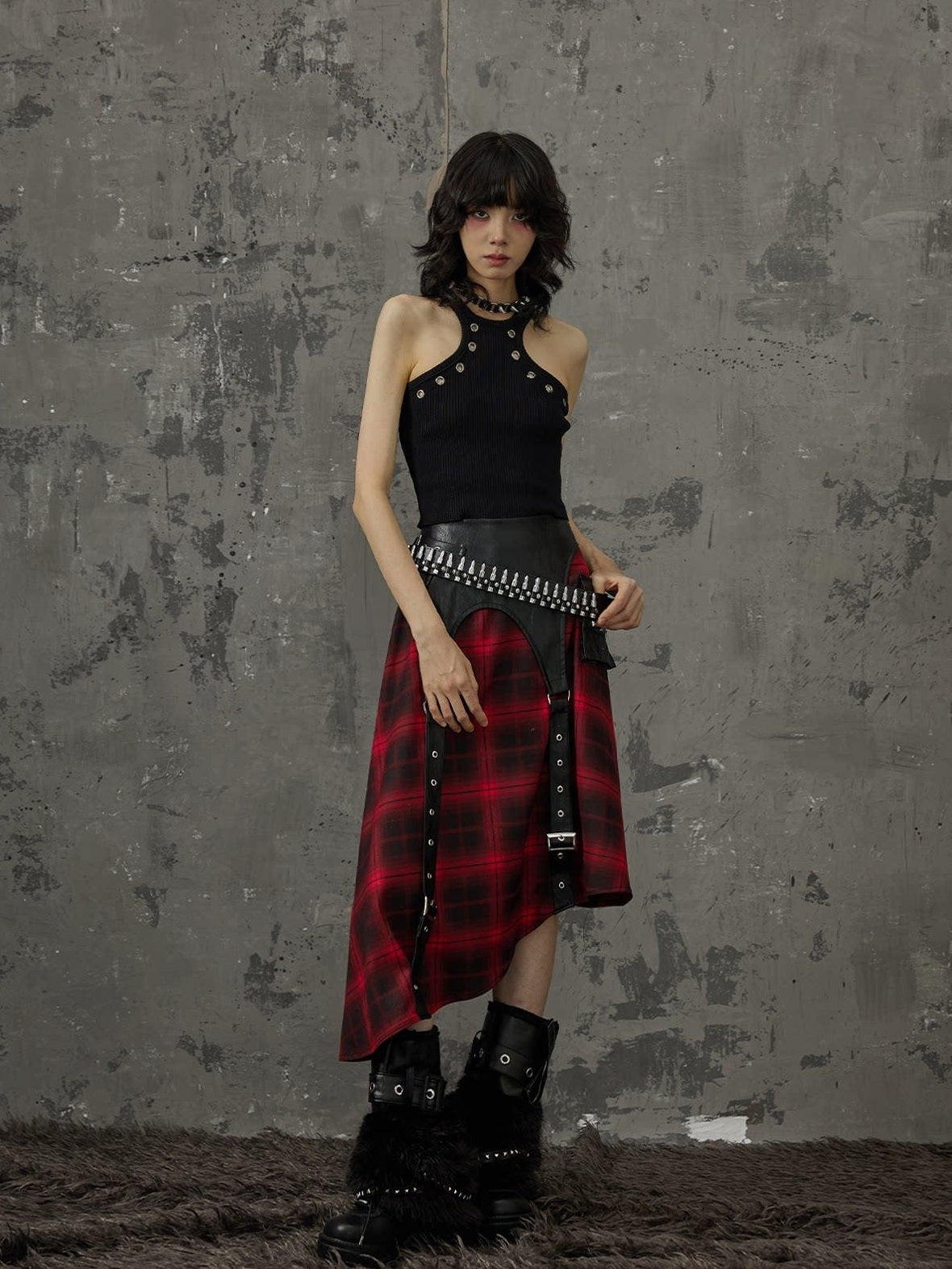 Frustration Garden Edgy Patchwork Asymmetrical A Line Mid Waist Loose Women Black Red Midi Skirts