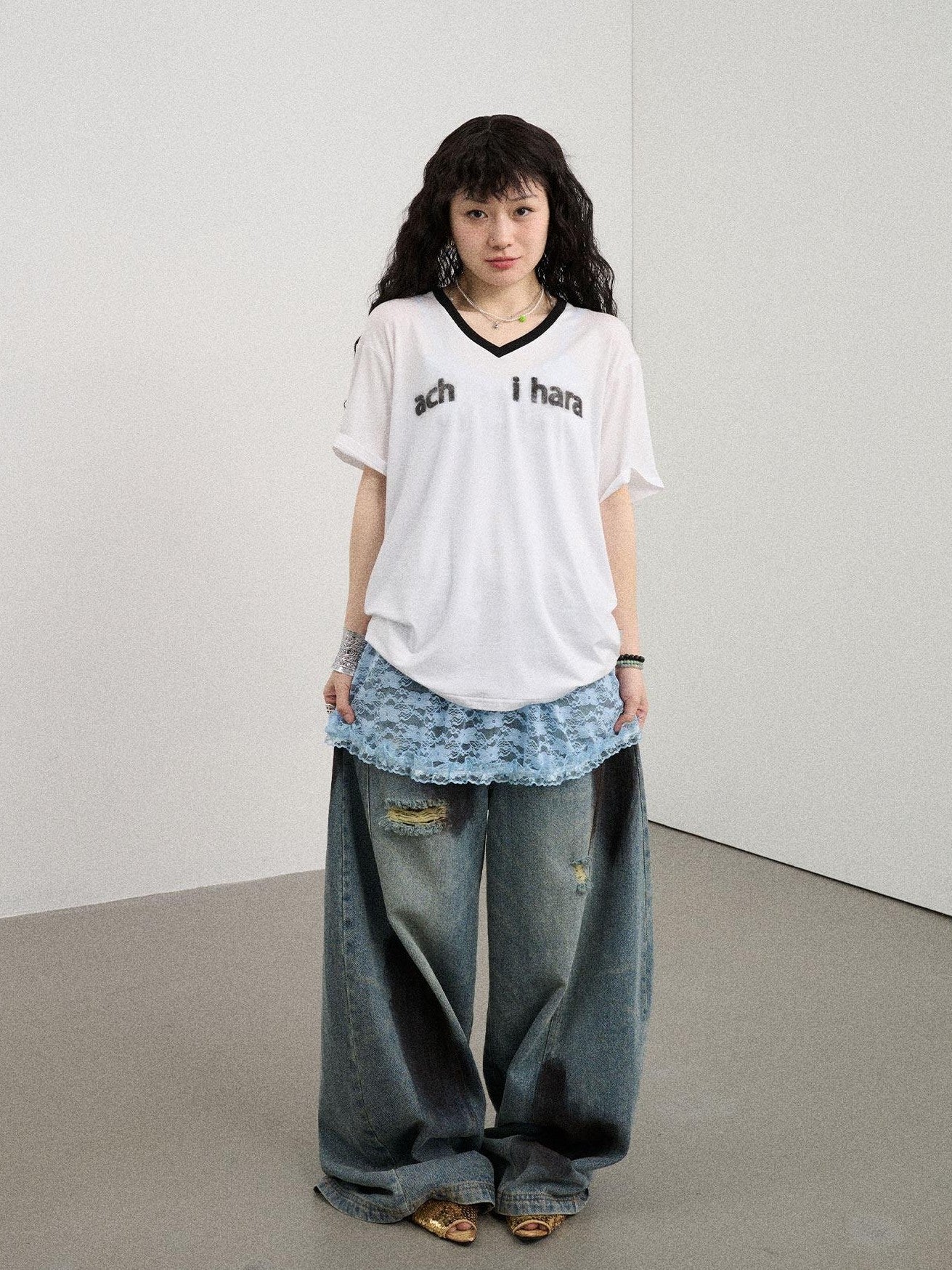 Achihara Ice Block V-neck Loose Letter Print Women'S Lyocell Short Sleeve T-Shirts