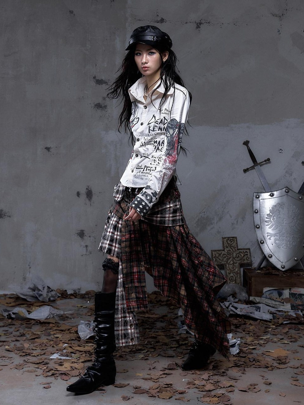 NO ROMANCE Edgy Patchwork Asymmetric Slim Mid Waist Women Citywalk Midi Skirts