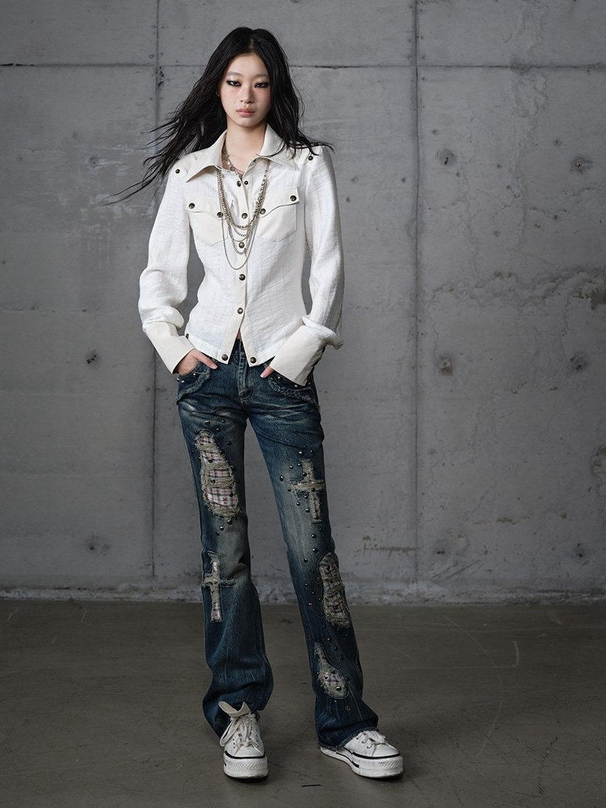 NO ROMANCE Distressed Low Rise Slim Fit Plaid Punk Zipper Denim Women Straight Jeans