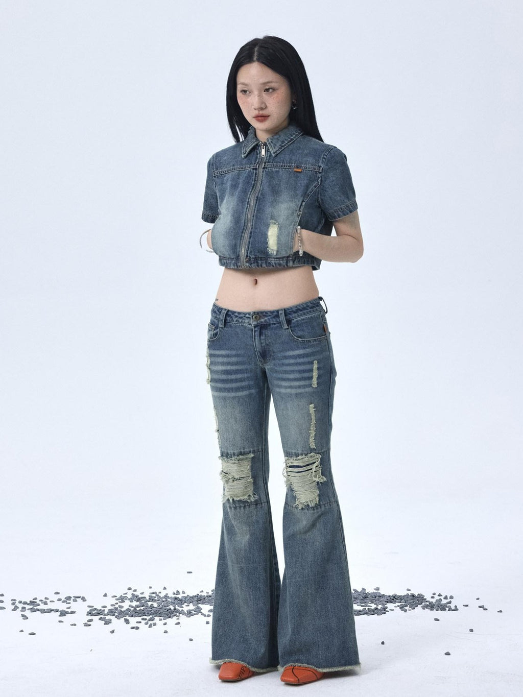 Achihara Vintage Washed Distressed Ripped Low Rise Women'S Denim Flare Jeans