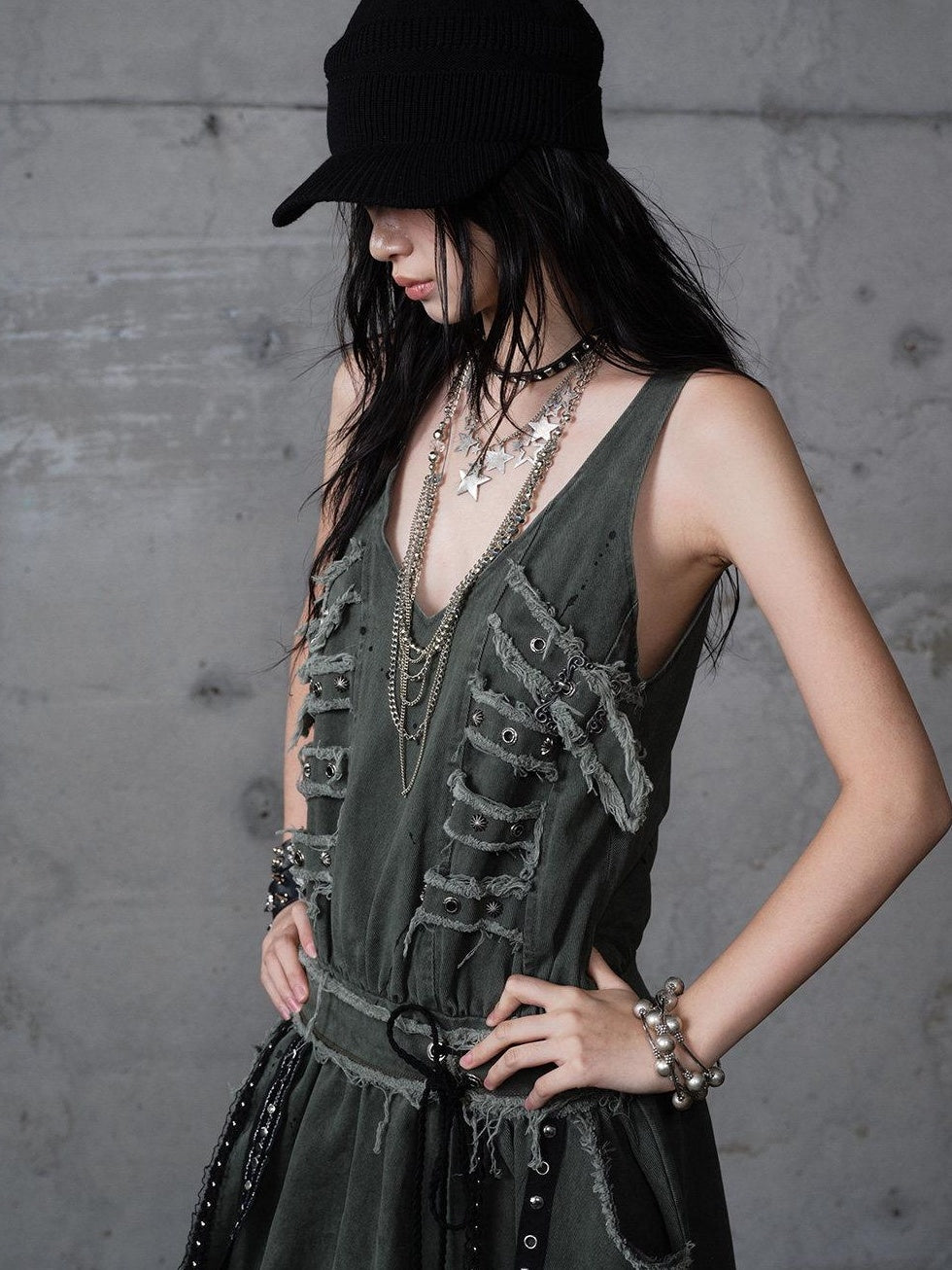 NO ROMANCE Washed Grunge Green Pocketed Punk A Line Loose V-neck Women Casual Midi Dresses