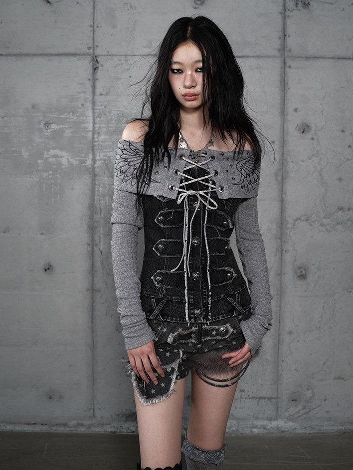 NO ROMANCE Vintage Patchwork Rhinestone Knit Women Washed Gray Long Sleeve T-Shirts