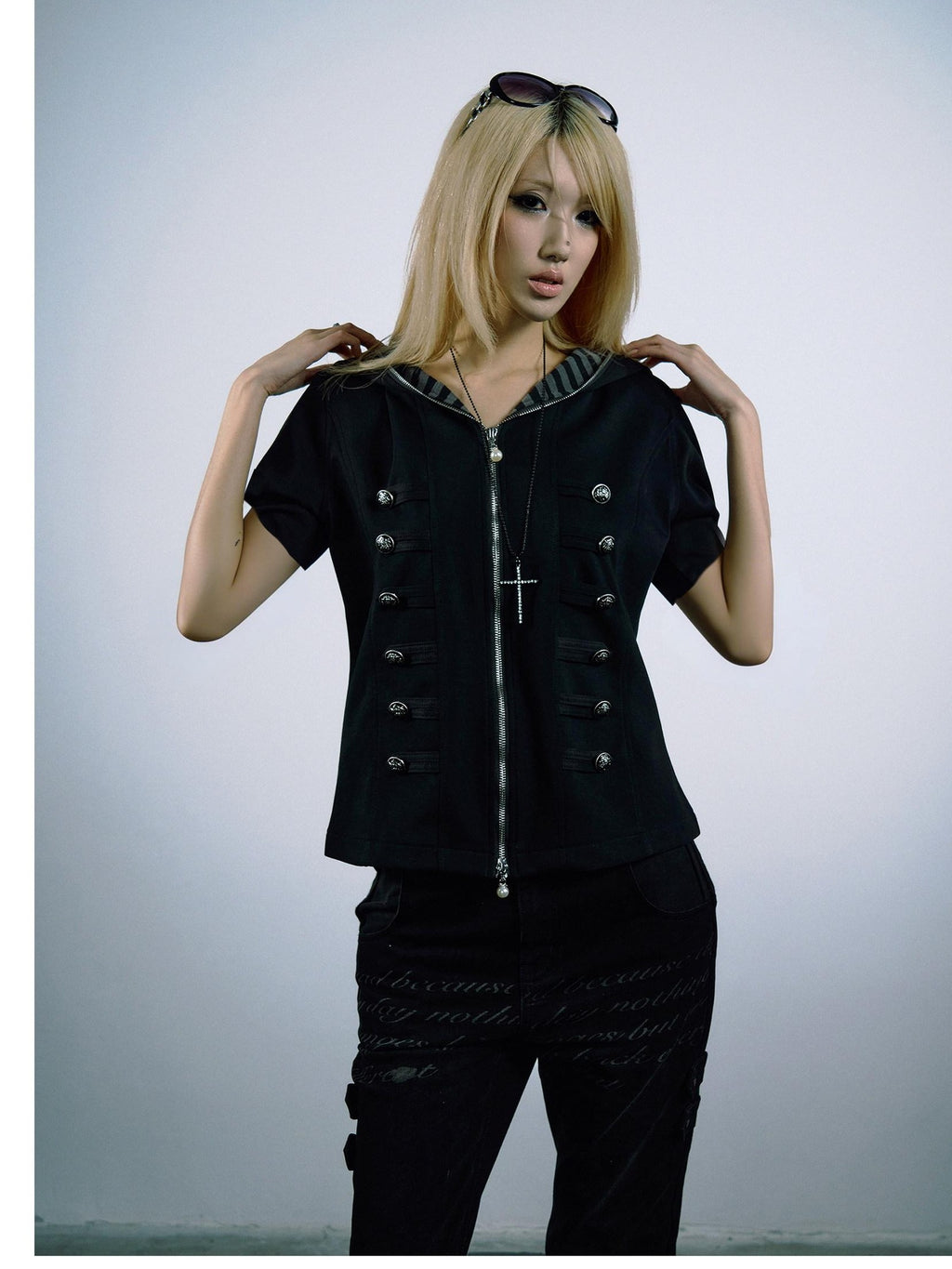 PAIKI 3D Sorona Slim Fit Punk Zip Hood Stripe Unisex Black Short Sleeve T-Shirts
