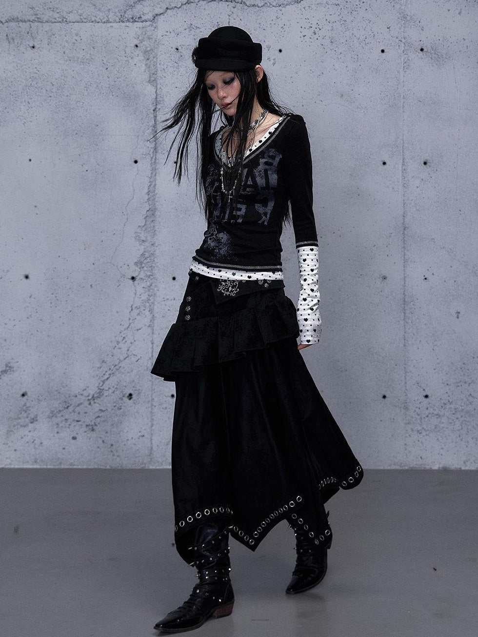 NO ROMANCE Edgy Asymmetrical High Waist A Line Loose Gothic Pu Suede Patchwork Maxi Skirts