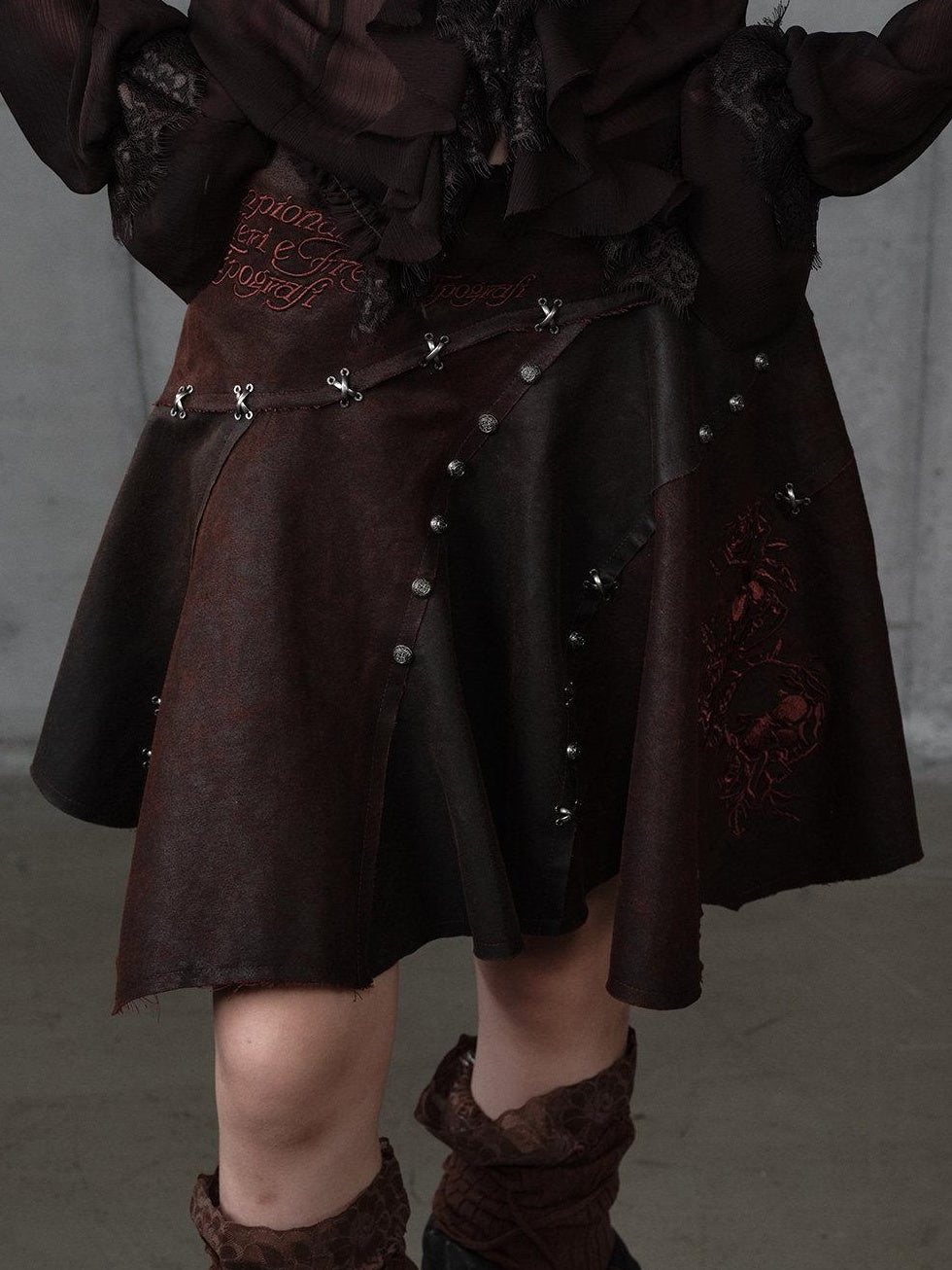 NO ROMANCE Embroidered Regal Asymmetric Mid Rise Loose Casual Girls Dark Brown Mini Skirts