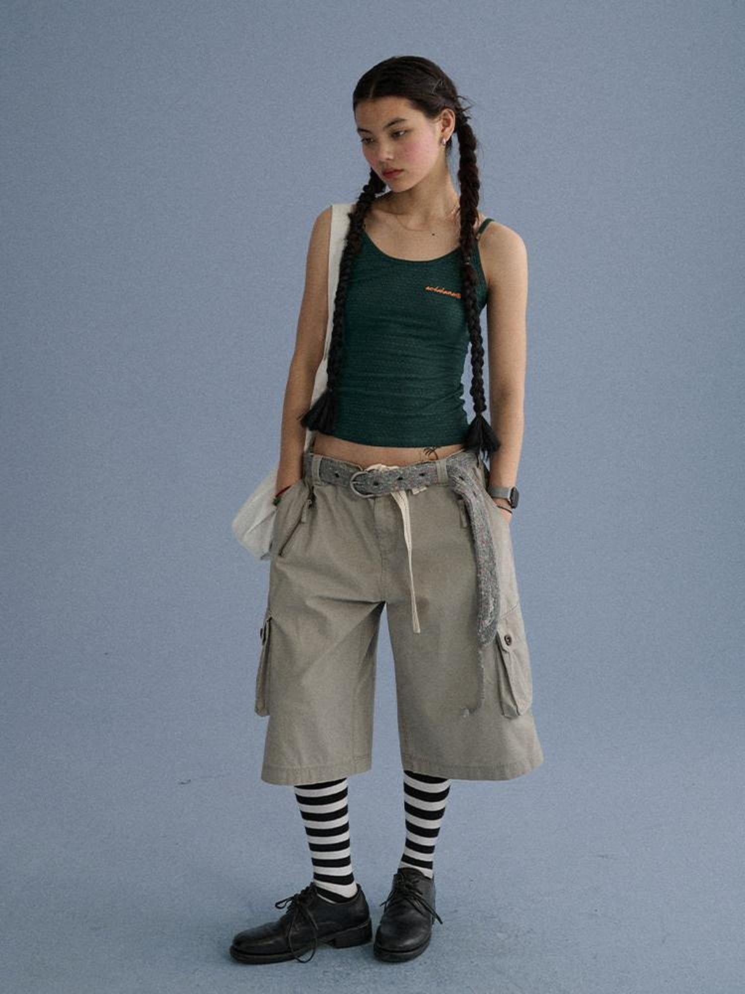 Achihara Green Slim Cropped Round Neck No Padding Women'S Cotton Blend Camisoles