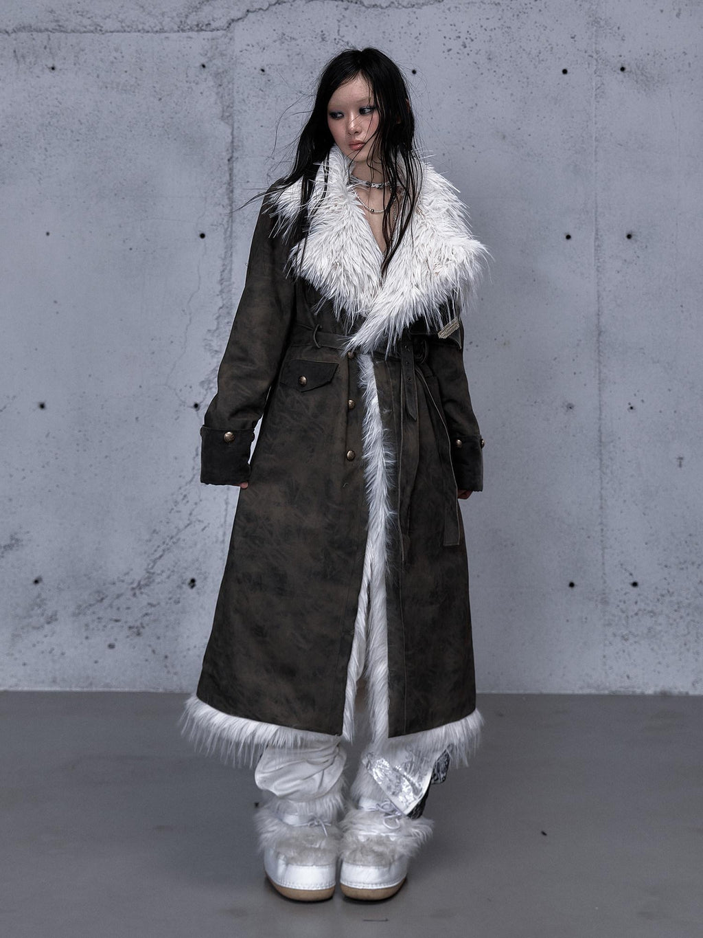 NO ROMANCE Reversible Fur Trim Regal Court Loose Fit Women Black Mint Green Long Coats